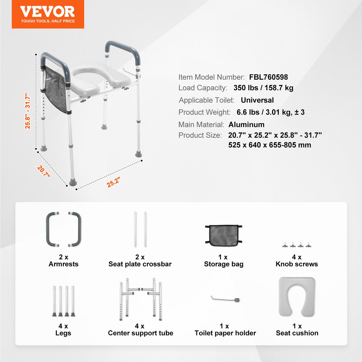 Raised Toilet Seat, 7-Position Height Adjustment 655-805 Mm, 158.7 kg Weight Capacity, with Comfort Padded Aluminum Frame, Universal Toilet Seat Riser, for Elderly, Handicap, Pregnant, Medical
