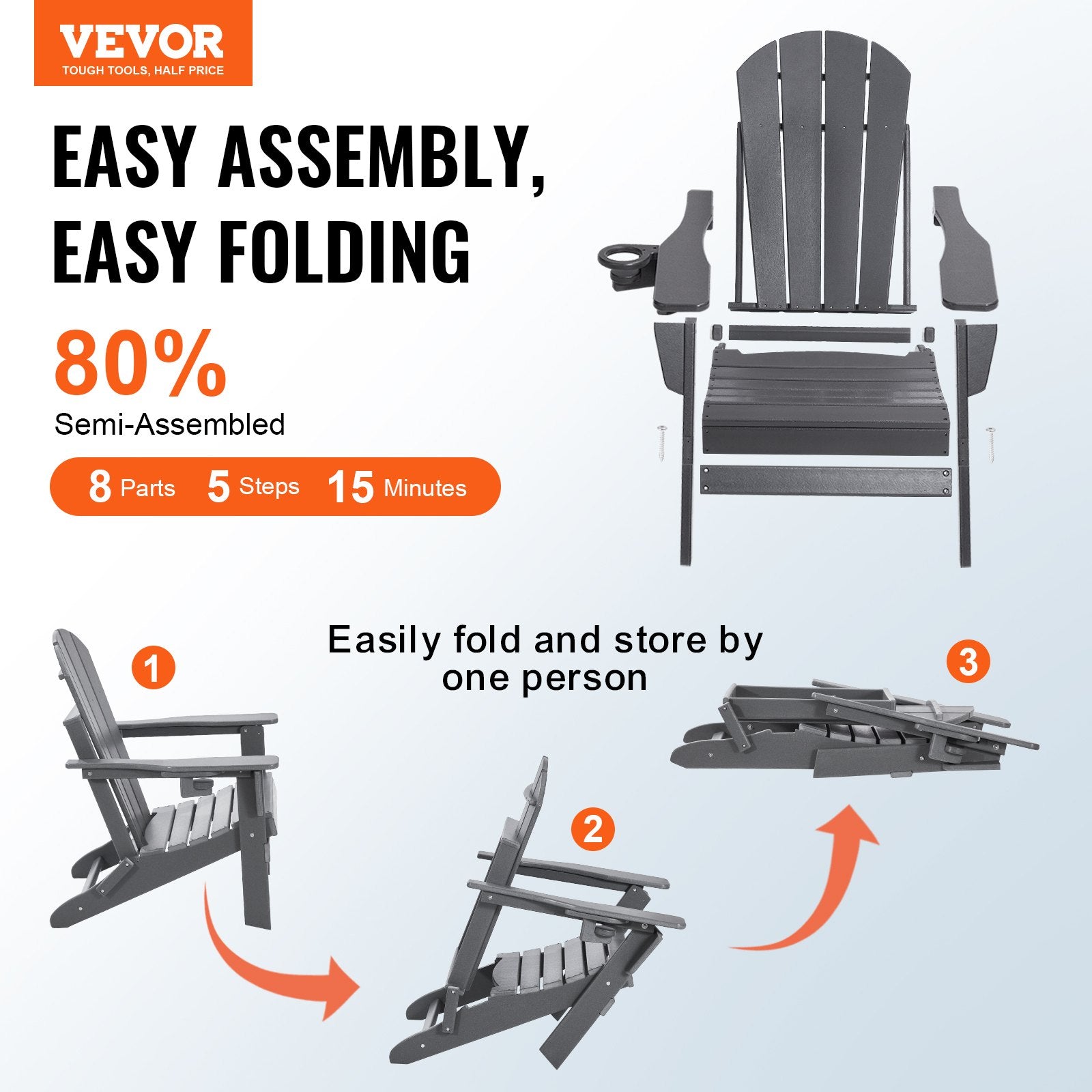 Adirondack Chair Plastic, Set of 2 All-Weather Portable Folding Fire Pit Chair, Outdoor Adirondack Patio Chair with Cup Holder, with Relaxing Arm Rest Ergonomic, for Garden, Backyard - Gray