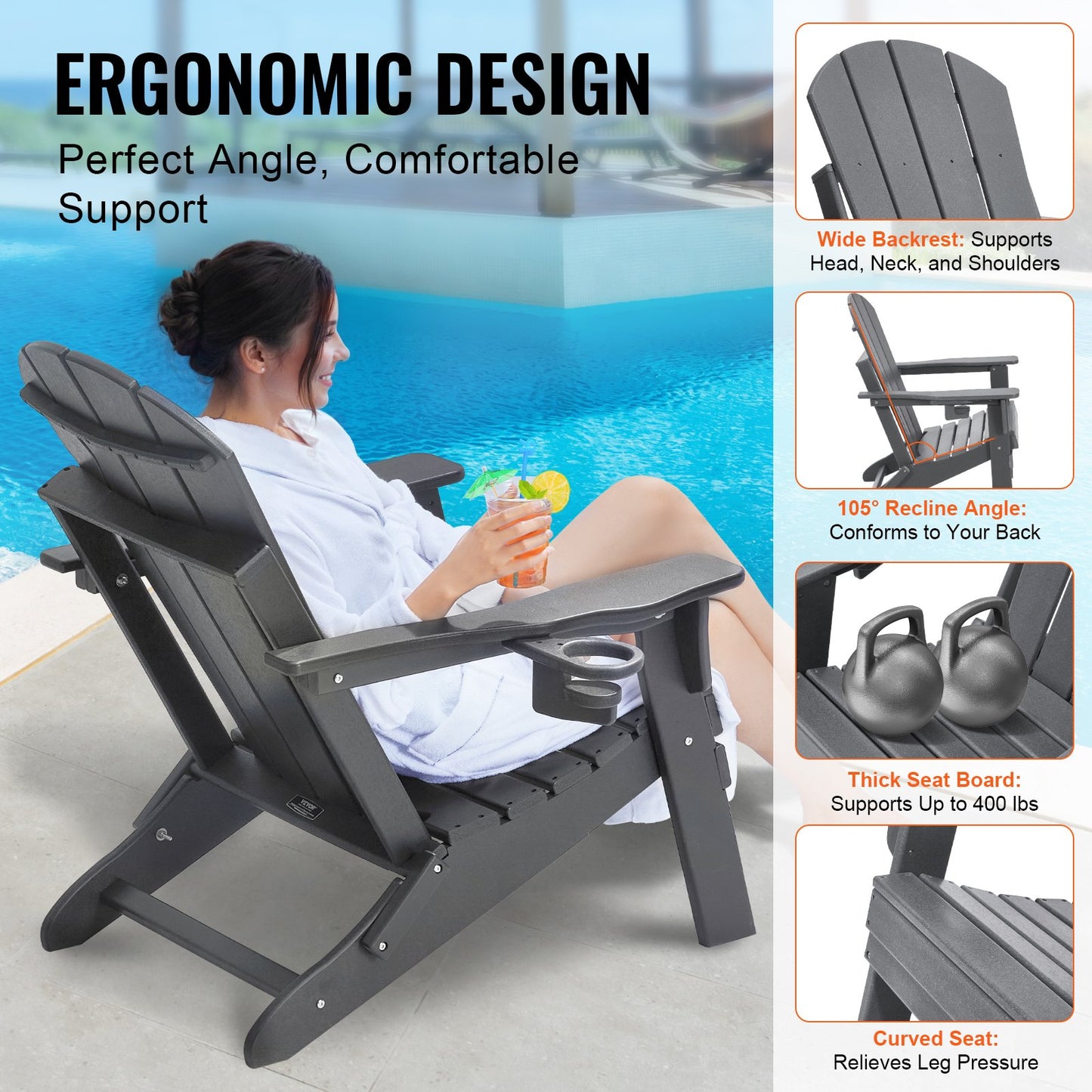 Adirondack Chair Plastic, Set of 2 All-Weather Portable Folding Fire Pit Chair, Outdoor Adirondack Patio Chair with Cup Holder, with Relaxing Arm Rest Ergonomic, for Garden, Backyard - Gray