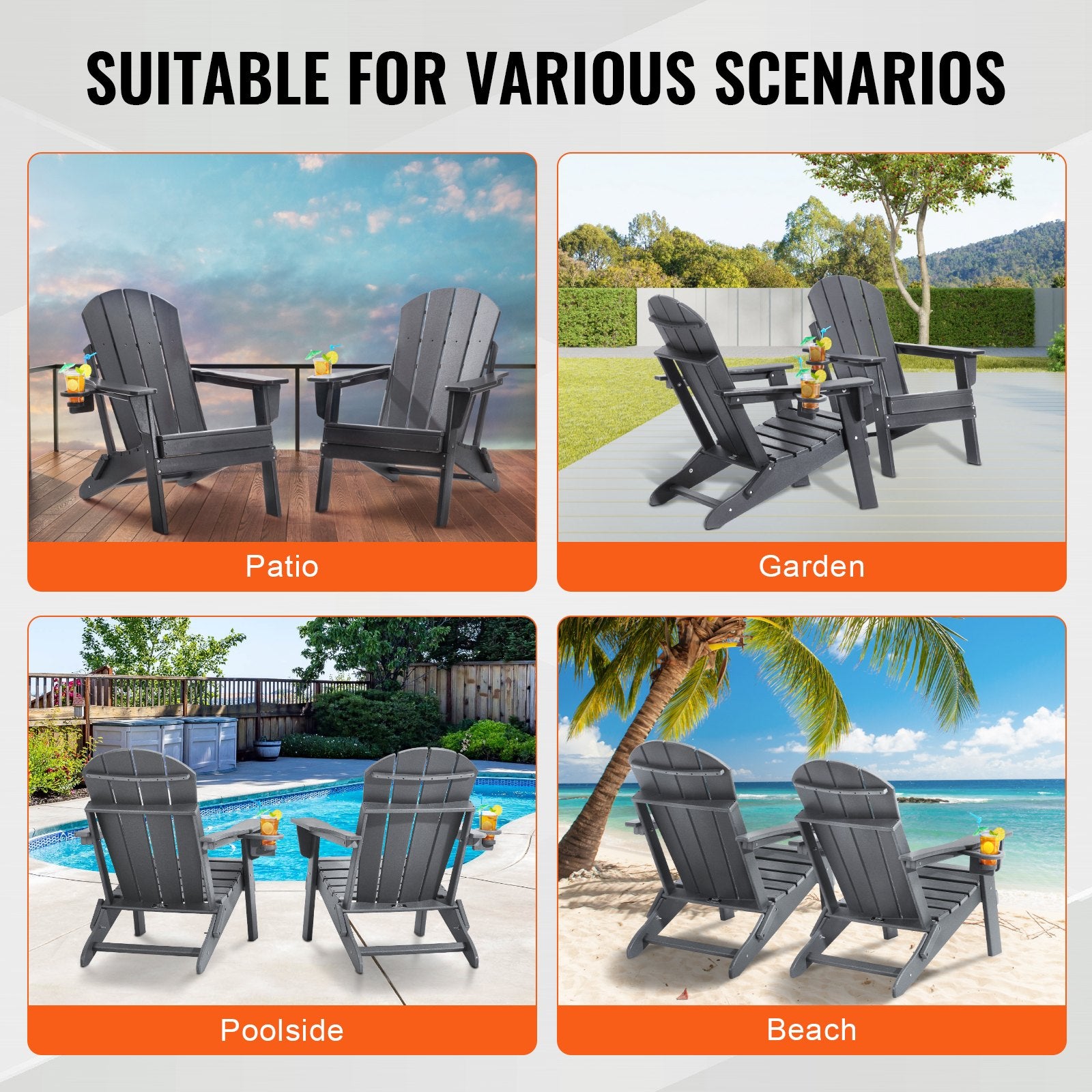 Adirondack Chair Plastic, Set of 2 All-Weather Portable Folding Fire Pit Chair, Outdoor Adirondack Patio Chair with Cup Holder, with Relaxing Arm Rest Ergonomic, for Garden, Backyard - Gray