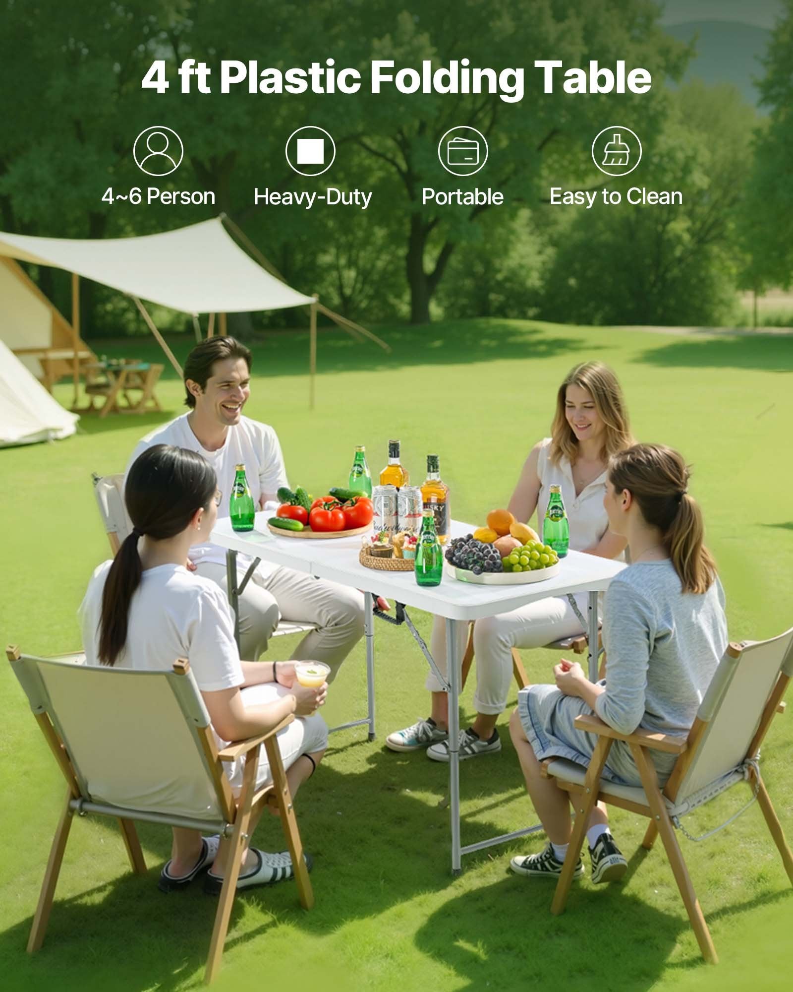 Folding Table, 4 Ft Heavy Duty Portable Fold-in-Half Utility Table, Indoor Outdoor Plastic Rectangle Table with Adjustable Height and Built in Handle, for Party, Dining, Picnic, Camping, White
