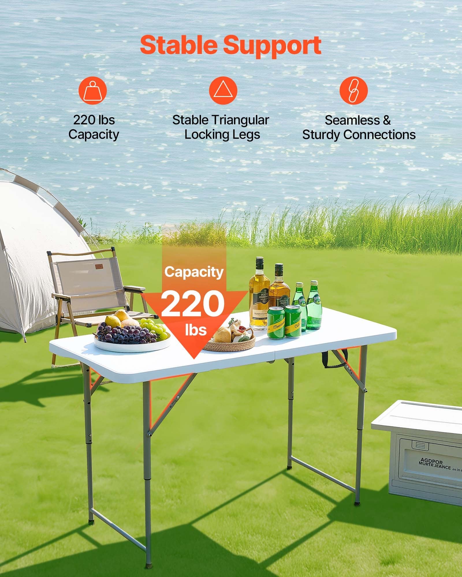 Folding Table, 4 Ft Heavy Duty Portable Fold-in-Half Utility Table, Indoor Outdoor Plastic Rectangle Table with Adjustable Height and Built in Handle, for Party, Dining, Picnic, Camping, White