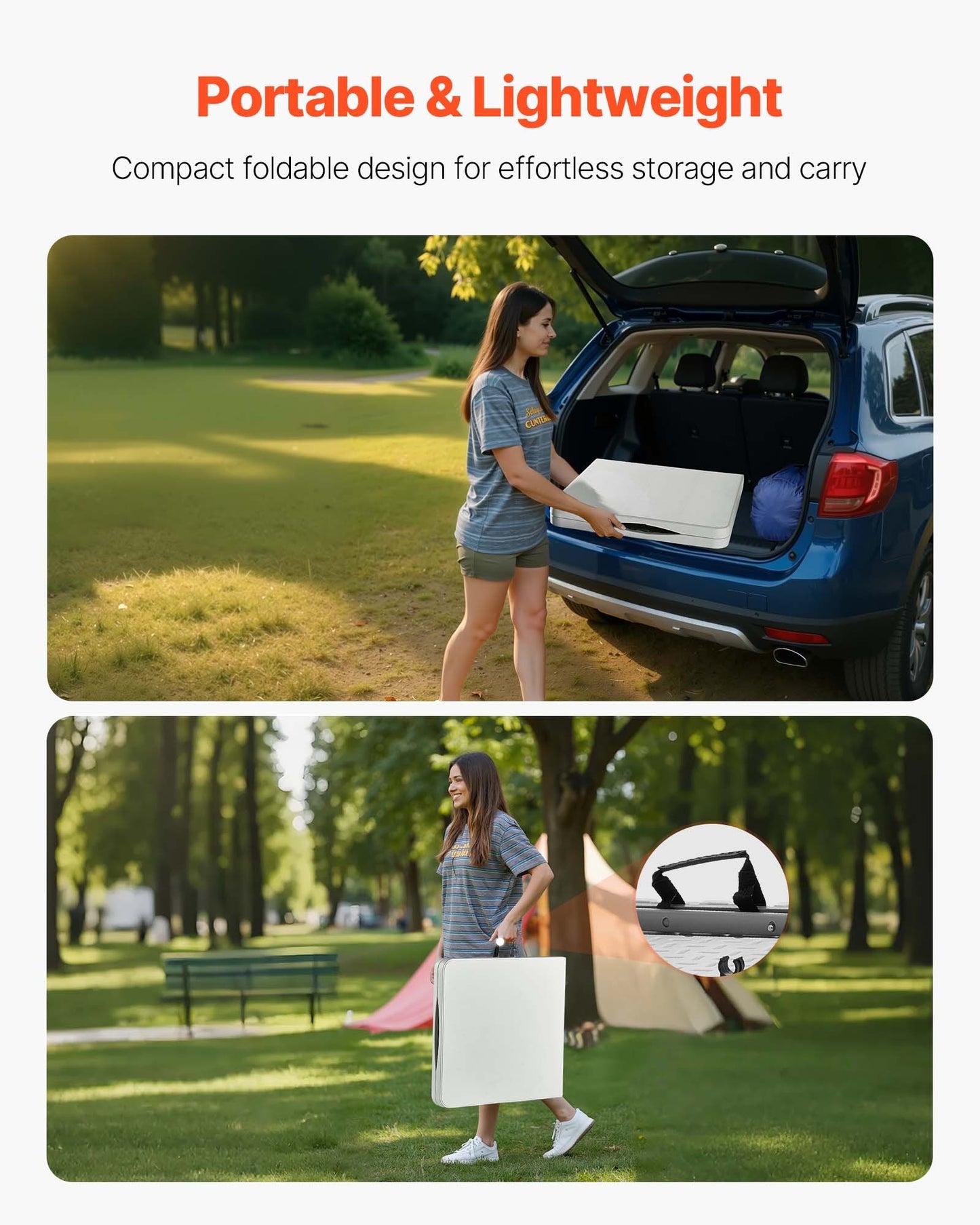 Folding Table, 4 Ft Heavy Duty Portable Fold-in-Half Utility Table, Indoor Outdoor Plastic Rectangle Table with Adjustable Height and Built in Handle, for Party, Dining, Picnic, Camping, White