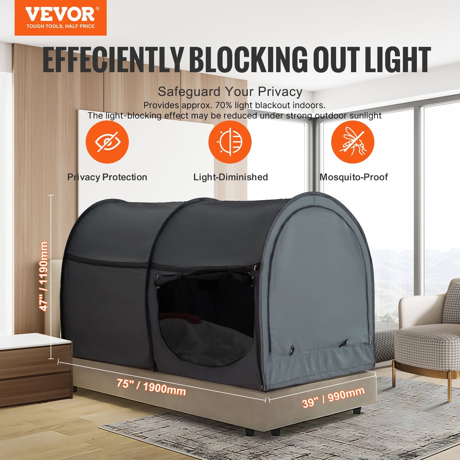 Bed Tent, Pongee Fabric, 4 Doors Breathable Dream Tent with 7 mm Fiber Poles on Bed Privacy, Full Size Block out Light Sleeping Bed Canopy, Fit for Kids Playhouse and Adults Sleeping Tent