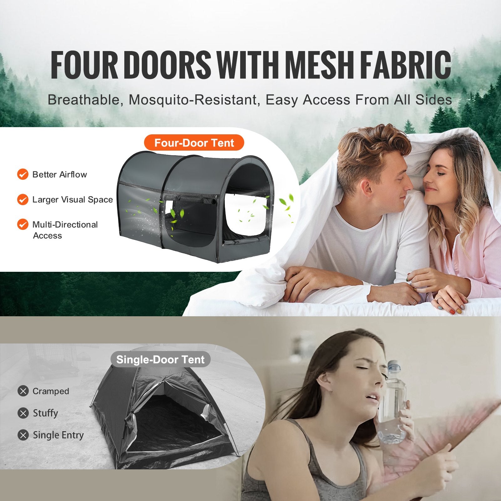 Bed Tent, Pongee Fabric, 4 Doors Breathable Dream Tent with 7 mm Fiber Poles on Bed Privacy, Full Size Block out Light Sleeping Bed Canopy, Fit for Kids Playhouse and Adults Sleeping Tent