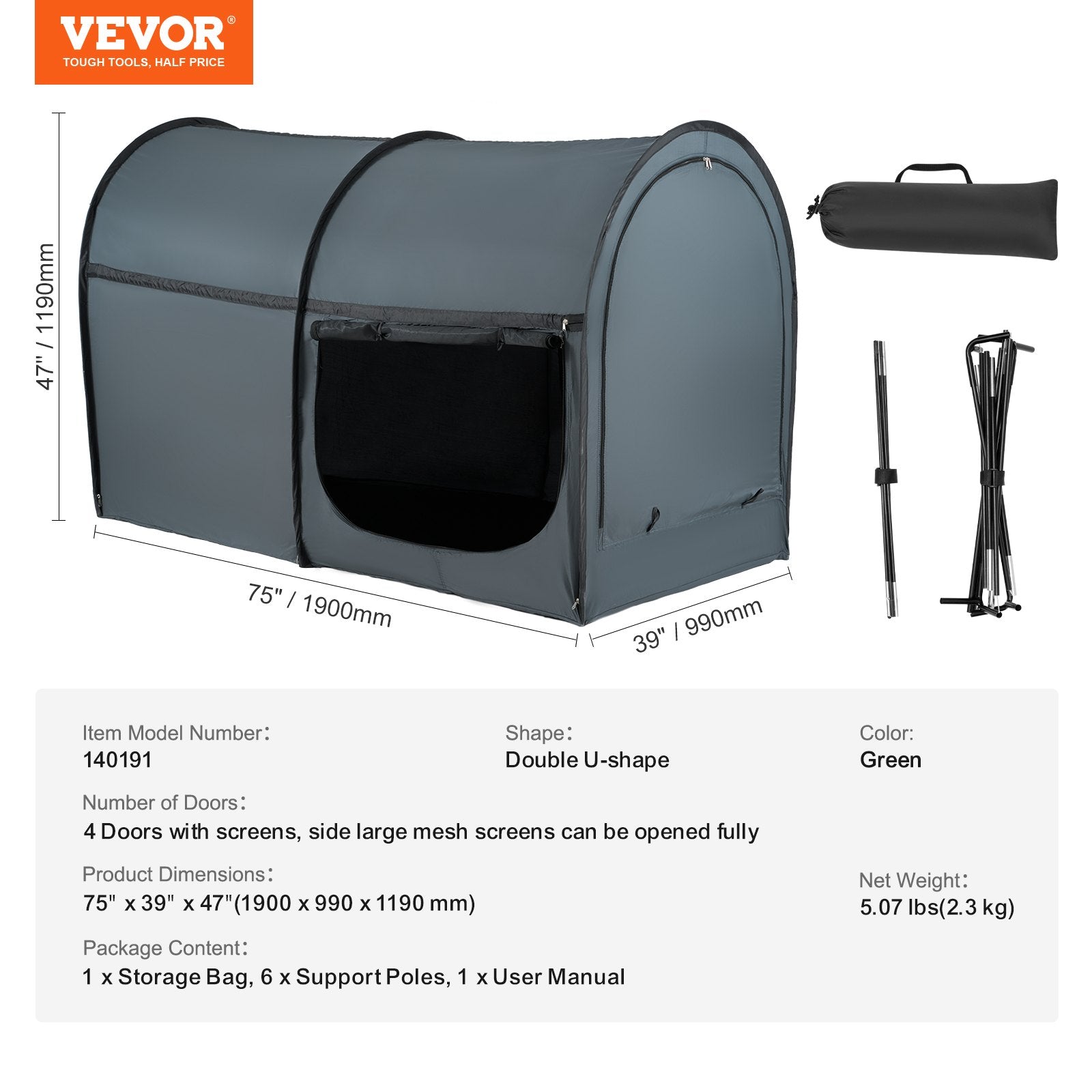 Bed Tent, Pongee Fabric, 4 Doors Breathable Dream Tent with 7 mm Fiber Poles on Bed Privacy, Full Size Block out Light Sleeping Bed Canopy, Fit for Kids Playhouse and Adults Sleeping Tent