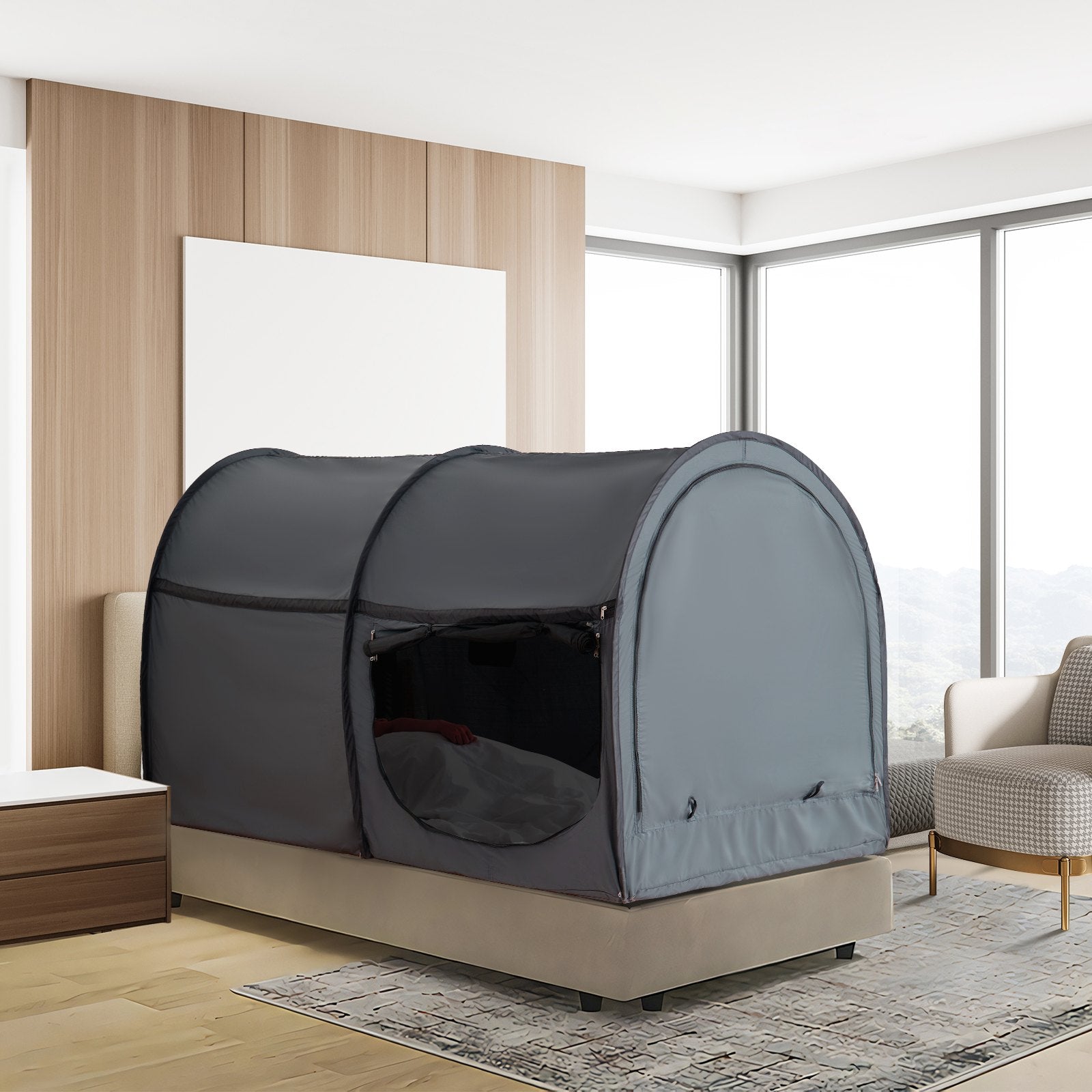 Bed Tent, Pongee Fabric, 4 Doors Breathable Dream Tent with 7 mm Fiber Poles on Bed Privacy, Full Size Block out Light Sleeping Bed Canopy, Fit for Kids Playhouse and Adults Sleeping Tent