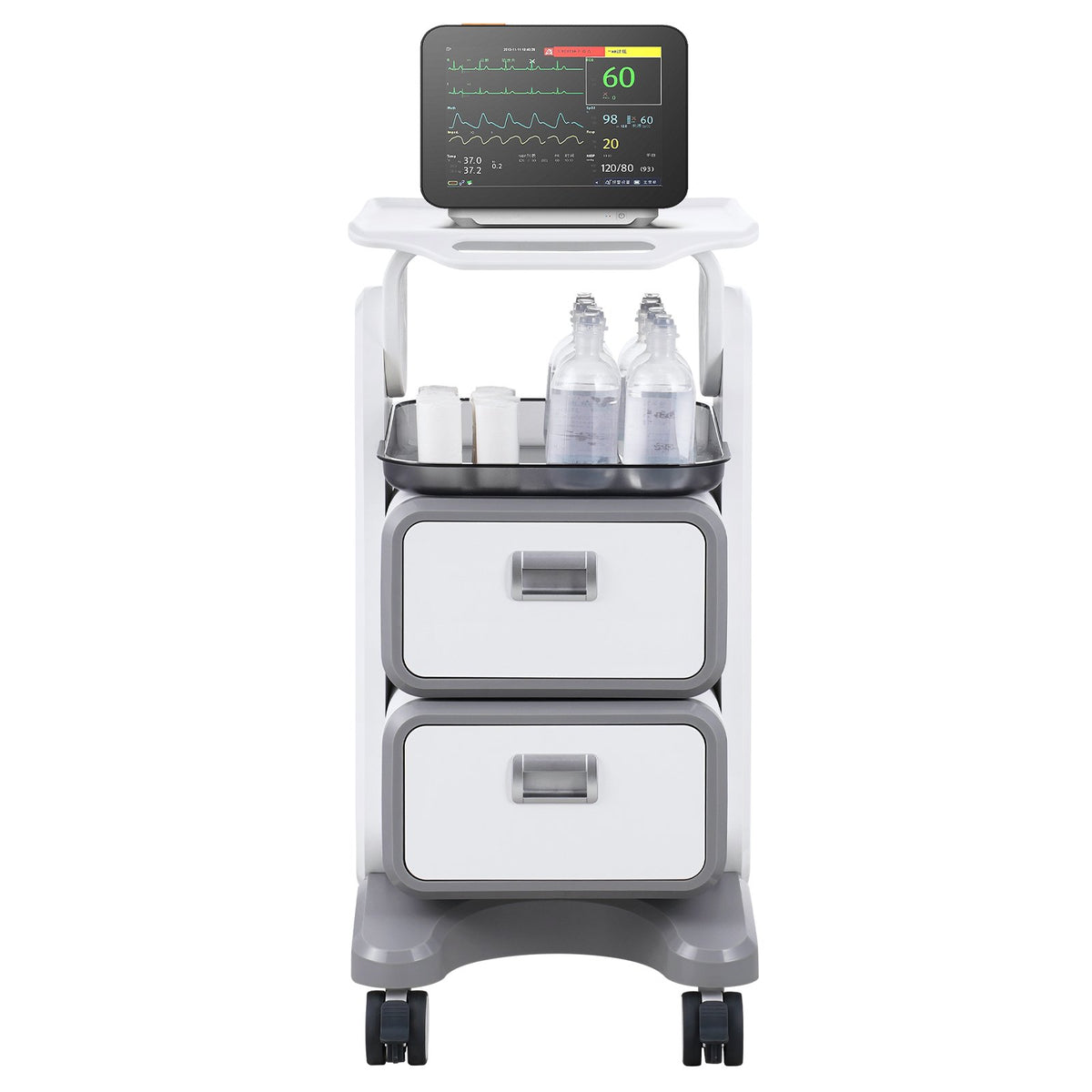 3 Tiers Lab Carts, Lab Utility Cart with 2 Drawers & 1 Top Tray, Mobile Medical Cart with ABS Material, Lab Rolling Cart with 4 Silent Wheels for Lab, Clinic, Hospital, Salon, White