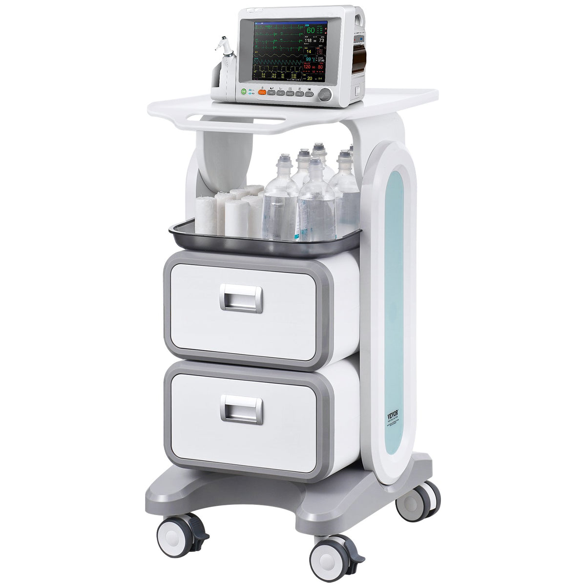 3 Tiers Lab Carts, Lab Utility Cart with 2 Drawers & 1 Top Tray, Mobile Medical Cart with ABS Material, Lab Rolling Cart with 4 Silent Wheels for Lab, Clinic, Hospital, Salon, White