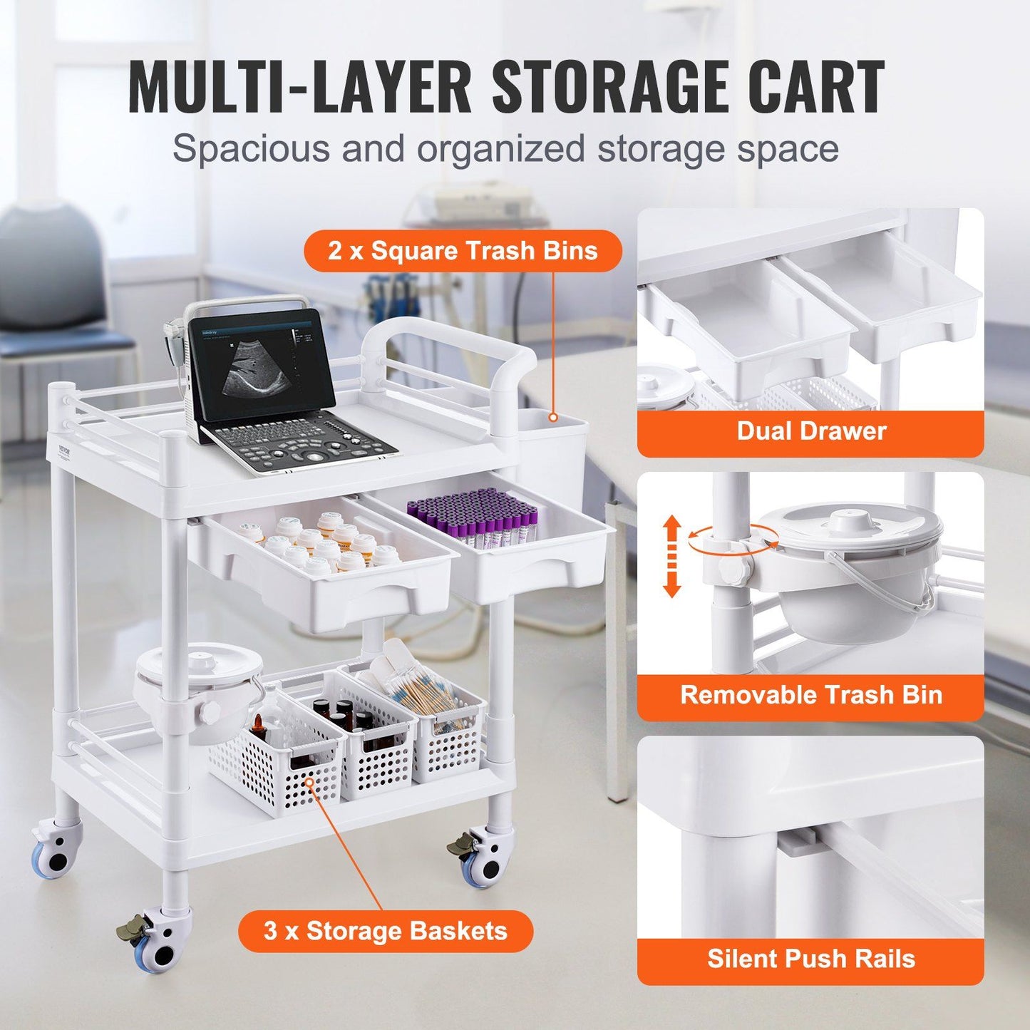 2 Tiers Lab Carts, Lab Utility Cart with 2 Trays, 2 Drawers & 4 Silent Wheels, Mobile Medical Cart with PP Material, Lab Rolling Cart with 3 Trash Cans for Lab, Clinic, Hospital, Salon, White