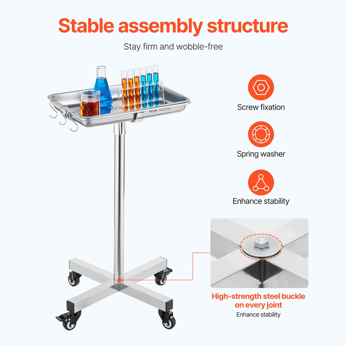 Mayo Stand, Stainless Steel Mayo Tray, Load Capacity up to 35 lbs, Adjustable Height 25.2"-39.8", Medical Tray on Wheels with Removable Tray for Spa, Salon, Clinic, Personal Care