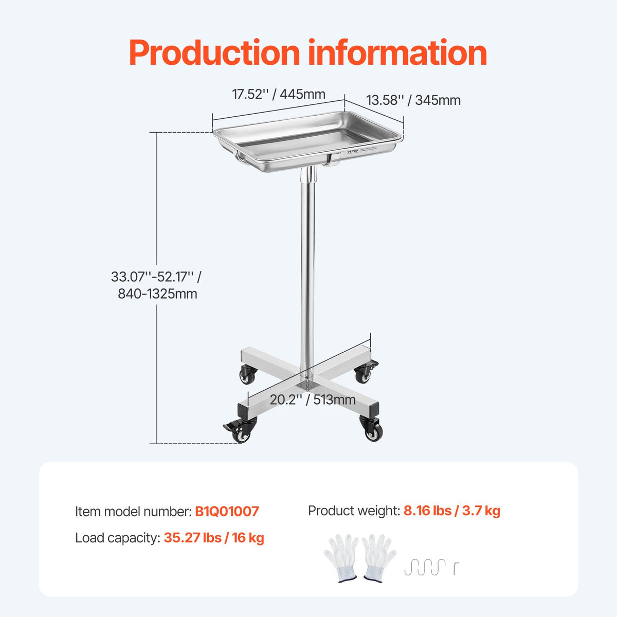 Mayo Stand, Stainless Steel Mayo Tray, Load Capacity up to 35 lbs, Adjustable Height 25.2"-39.8", Medical Tray on Wheels with Removable Tray for Spa, Salon, Clinic, Personal Care