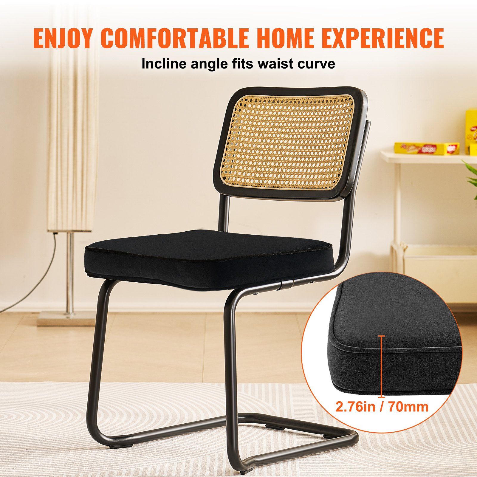 Rattan Chairs, Set of 2, Mid Century Modern Dining Chair, Upholstered Velvet Accent Chair with Rattan Back, Retro Dining Room Kitchen Chair for Living Room, Bedroom, Reading Room, Office, Black