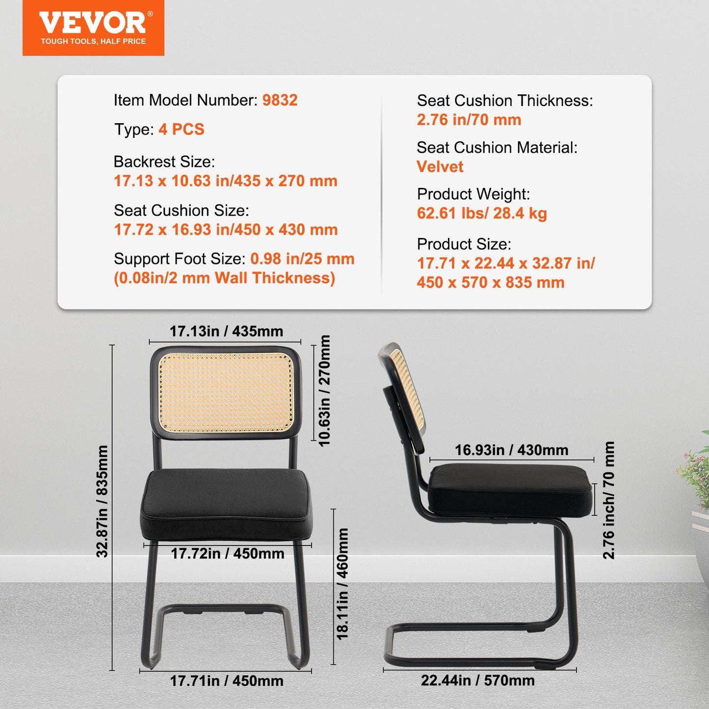 Rattan Chairs, Set of 4, Mid Century Modern Dining Chair, Upholstered Velvet Accent Chair with Rattan Back, Retro Dining Room Kitchen Chair for Living Room, Bedroom, Reading Room, Office, Black