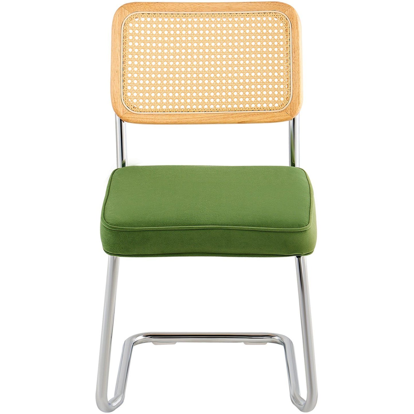 Rattan Chairs, Set of 2, Mid Century Modern Dining Chair, Upholstered Velvet Accent Chair with Rattan Back, Retro Dining Room Kitchen Chair for Living Room, Bedroom, Reading Room, Office, Green