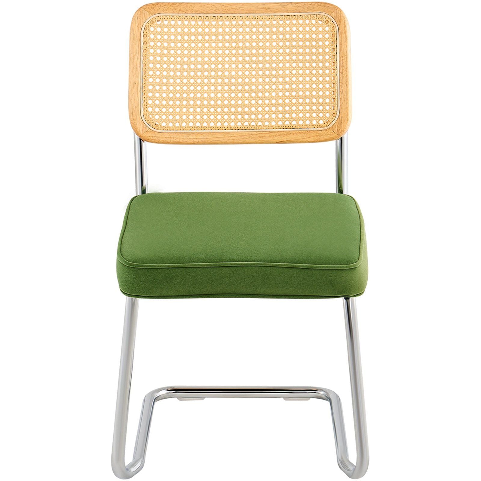 Rattan Chairs, Set of 2, Mid Century Modern Dining Chair, Upholstered Velvet Accent Chair with Rattan Back, Retro Dining Room Kitchen Chair for Living Room, Bedroom, Reading Room, Office, Green