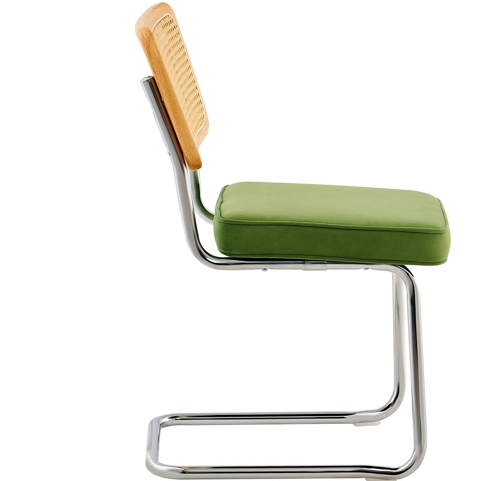 Rattan Chairs, Set of 2, Mid Century Modern Dining Chair, Upholstered Velvet Accent Chair with Rattan Back, Retro Dining Room Kitchen Chair for Living Room, Bedroom, Reading Room, Office, Green