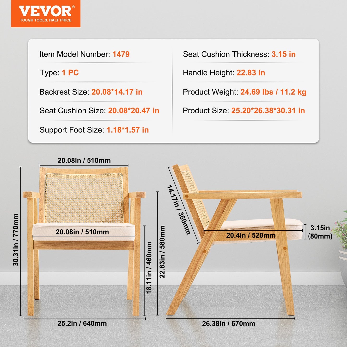 Rattan Chair, Mid Century Modern Dining Chair with Armrest, Upholstered Chair with Rattan Back, Retro Rattan Dining Room Kitchen Chair for Living Room, Bedroom, Reading Room, and Office, Beige
