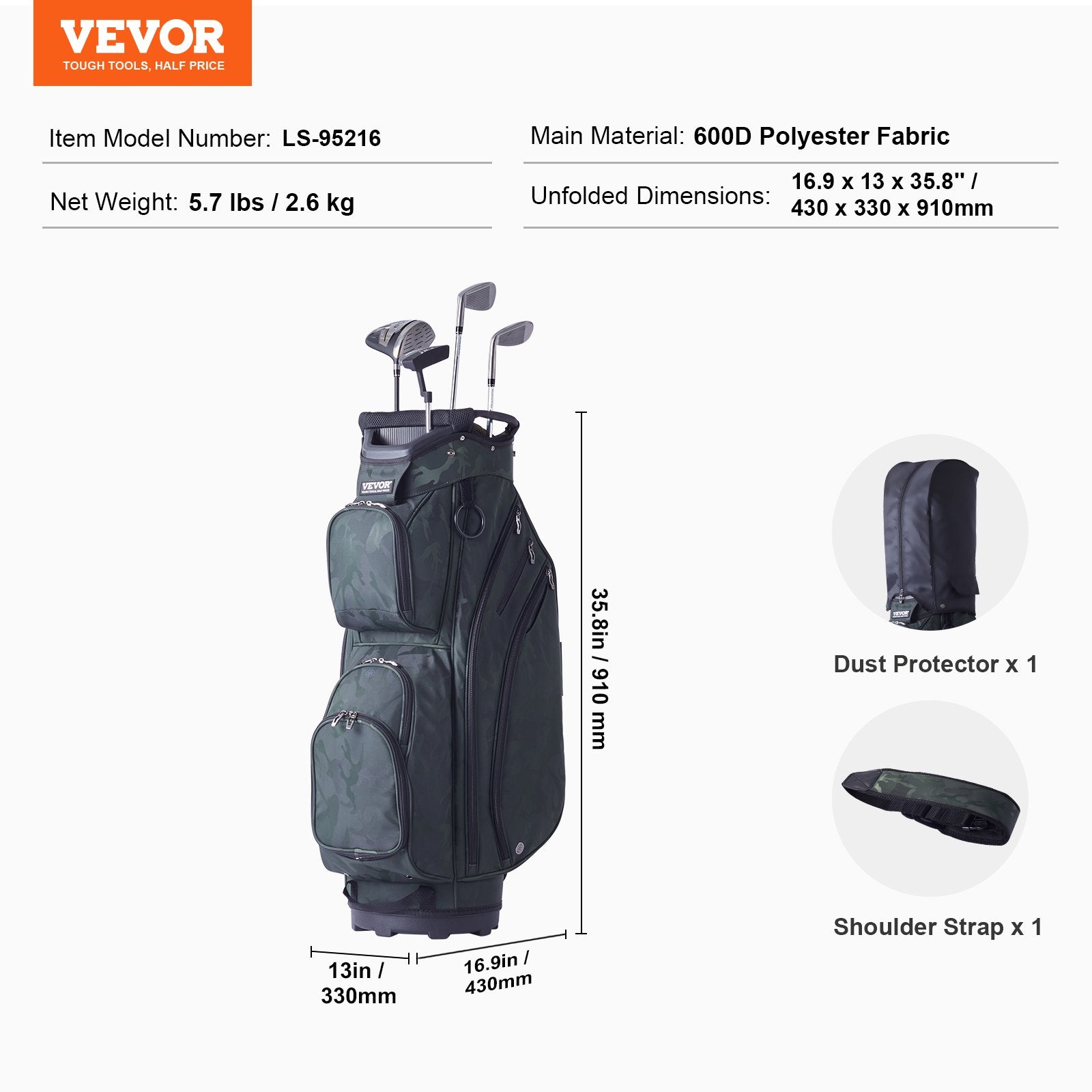 Golf Cart Bag with 14 Way Organizer Divider Top, 36” 11 Pockets Premium Nylon Cart Bag, Durable Golf Bags with Handles & Dust Cover & Detachable Straps for Men & Women, Army Green