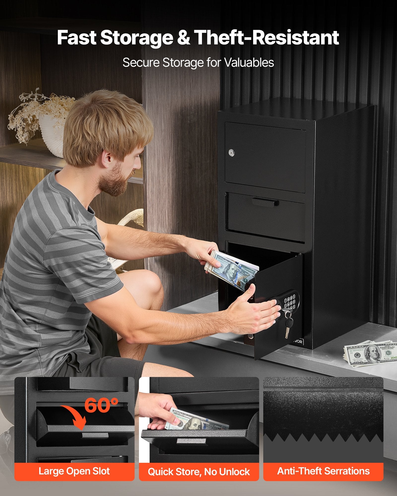 3.6 Cubic Feet Drop Safe, Large Capacity Front Drop Slot Safe Box with Digital Keypad, Heavy Duty 3 Tiers Cash Depository Box with Spare Keys for Cash, Bank Slip, Jewelry, Document, Bill, Black