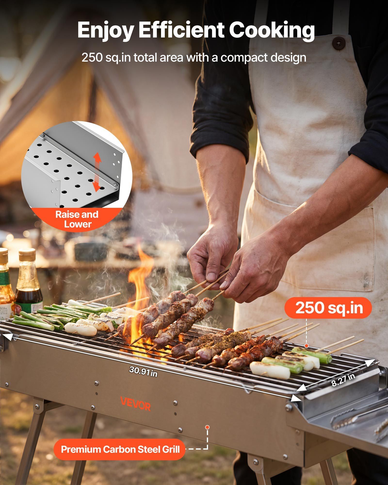 Foldable Charcoal Grill, 0.16 m² Portable Charcoal Barbecue Grill with Liftable Charcoal Tray & Side Tables, Brushed Stainless Steel BBQ Cooking Grills for Outdoor Camping Backyard Parties