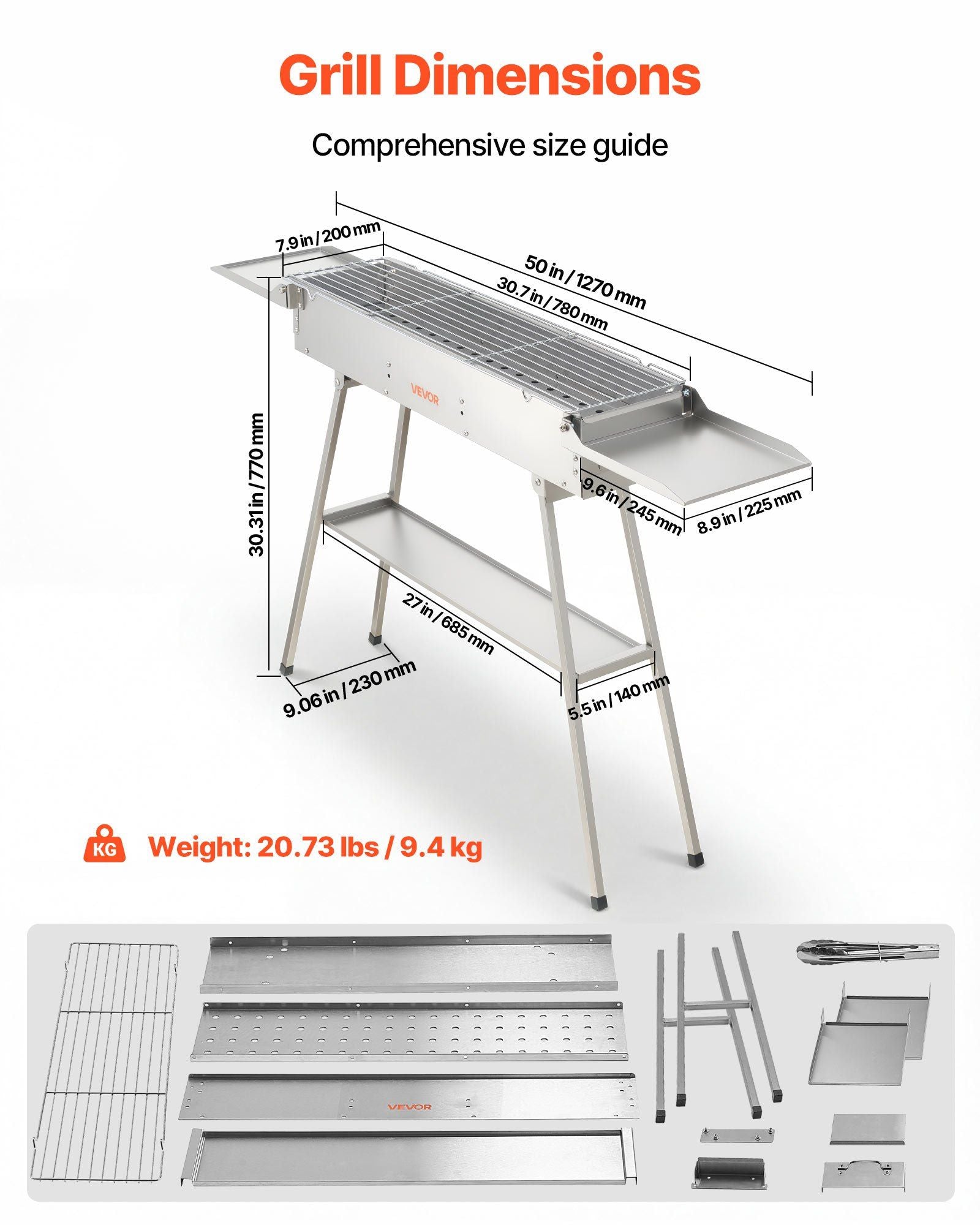 Foldable Charcoal Grill, 0.16 m² Portable Charcoal Barbecue Grill with Liftable Charcoal Tray & Side Tables, Brushed Stainless Steel BBQ Cooking Grills for Outdoor Camping Backyard Parties