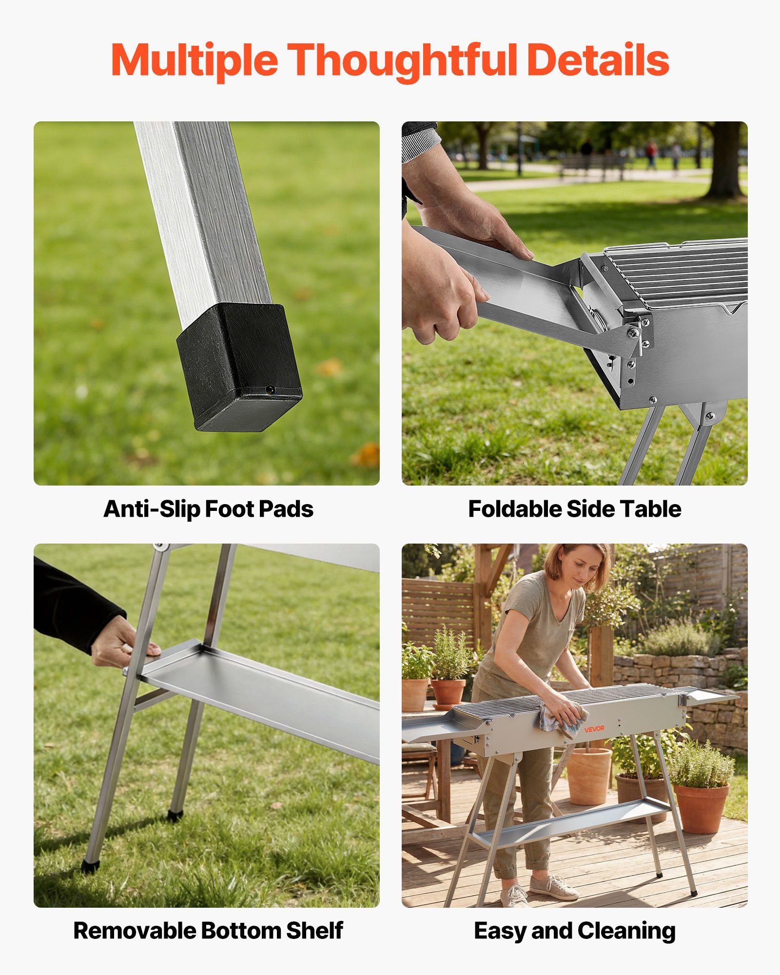 Foldable Charcoal Grill, 0.16 m² Portable Charcoal Barbecue Grill with Liftable Charcoal Tray & Side Tables, Brushed Stainless Steel BBQ Cooking Grills for Outdoor Camping Backyard Parties