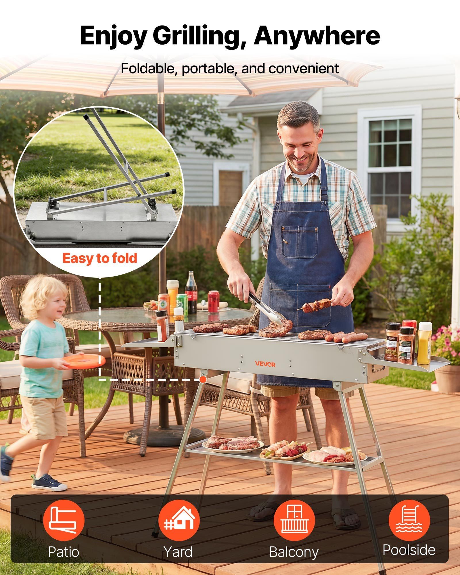 Foldable Charcoal Grill, 0.16 m² Portable Charcoal Barbecue Grill with Liftable Charcoal Tray & Side Tables, Brushed Stainless Steel BBQ Cooking Grills for Outdoor Camping Backyard Parties