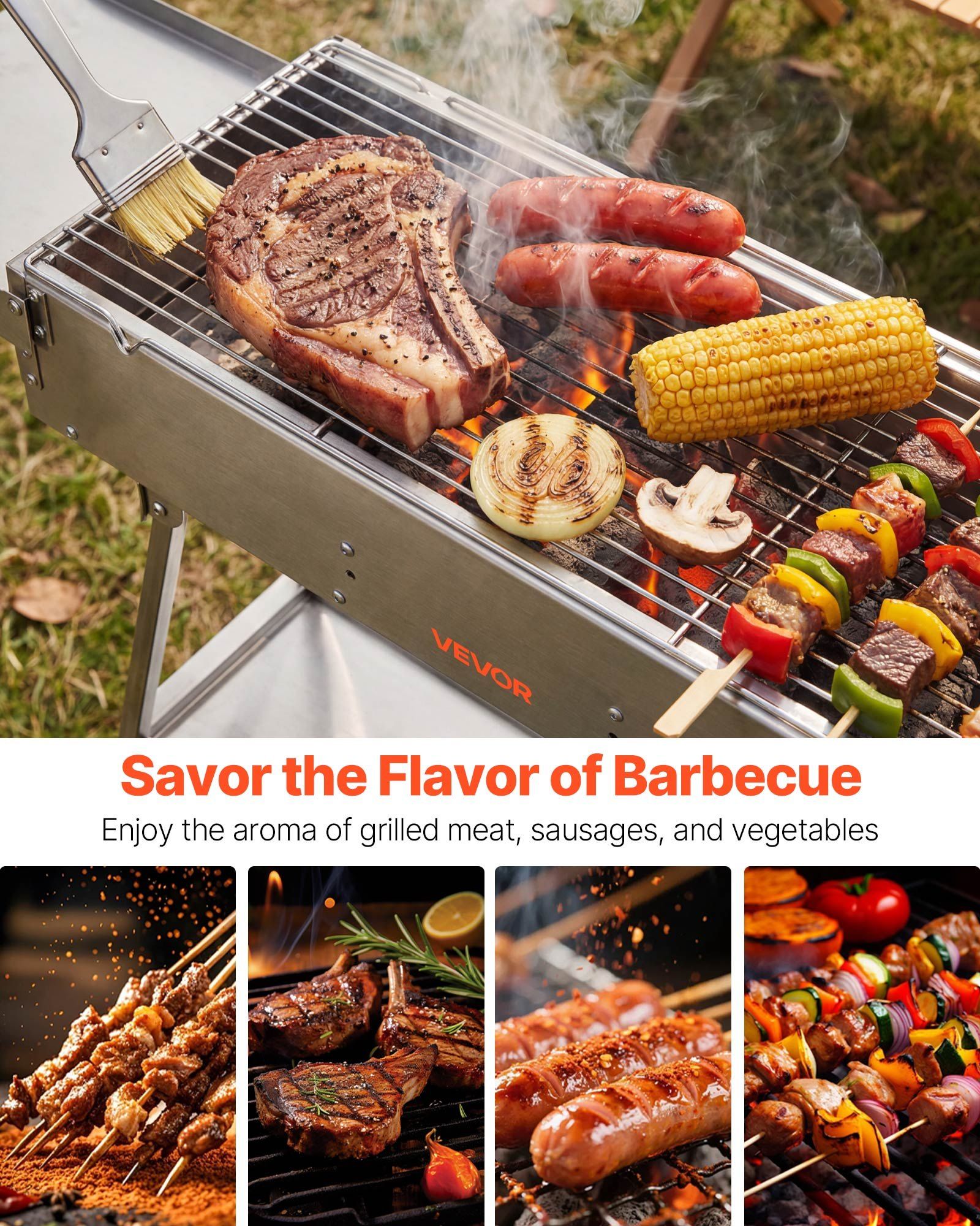 Foldable Charcoal Grill, 0.16 m² Portable Charcoal Barbecue Grill with Liftable Charcoal Tray & Side Tables, Brushed Stainless Steel BBQ Cooking Grills for Outdoor Camping Backyard Parties