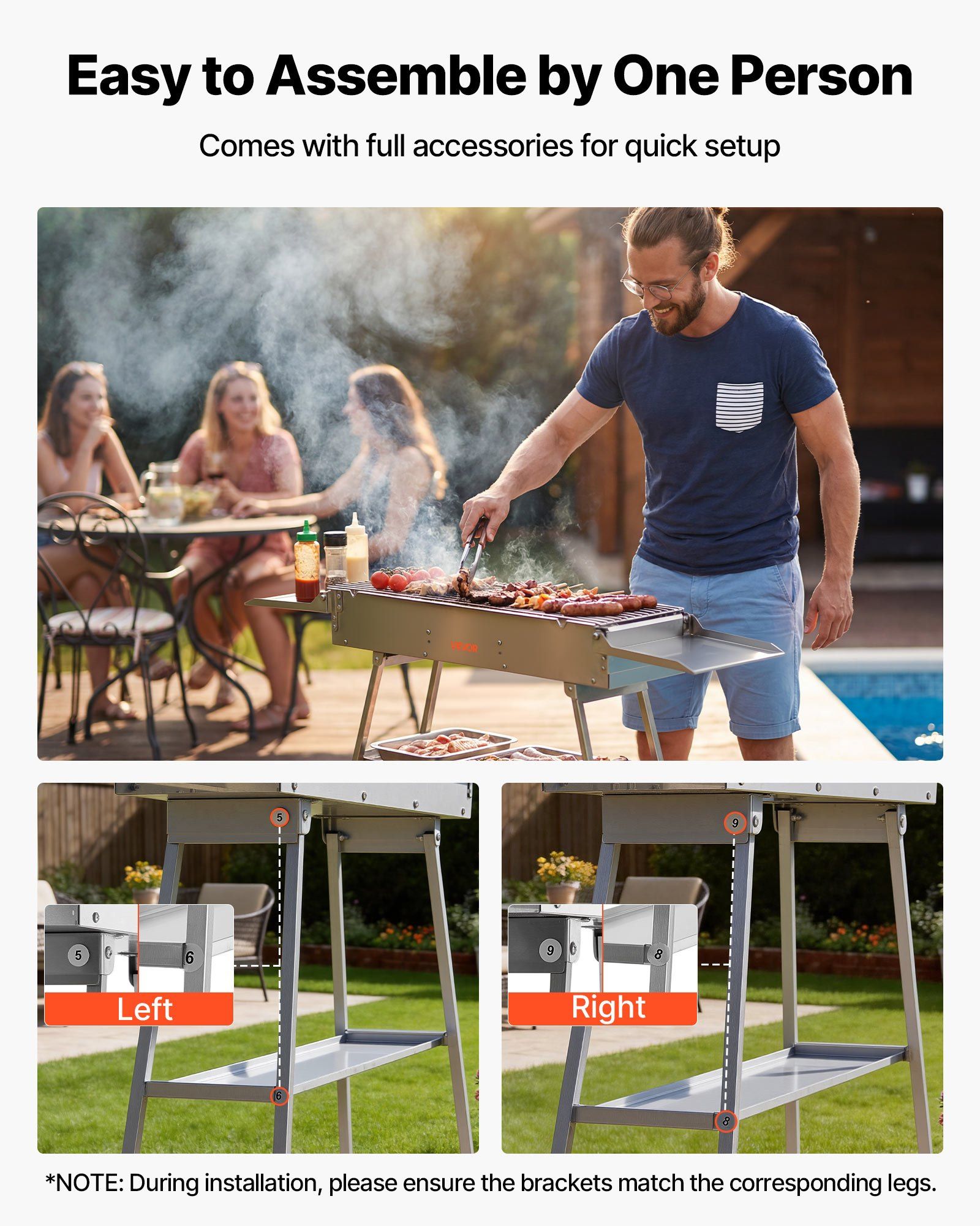 Foldable Charcoal Grill, 0.16 m² Portable Charcoal Barbecue Grill with Liftable Charcoal Tray & Side Tables, Brushed Stainless Steel BBQ Cooking Grills for Outdoor Camping Backyard Parties