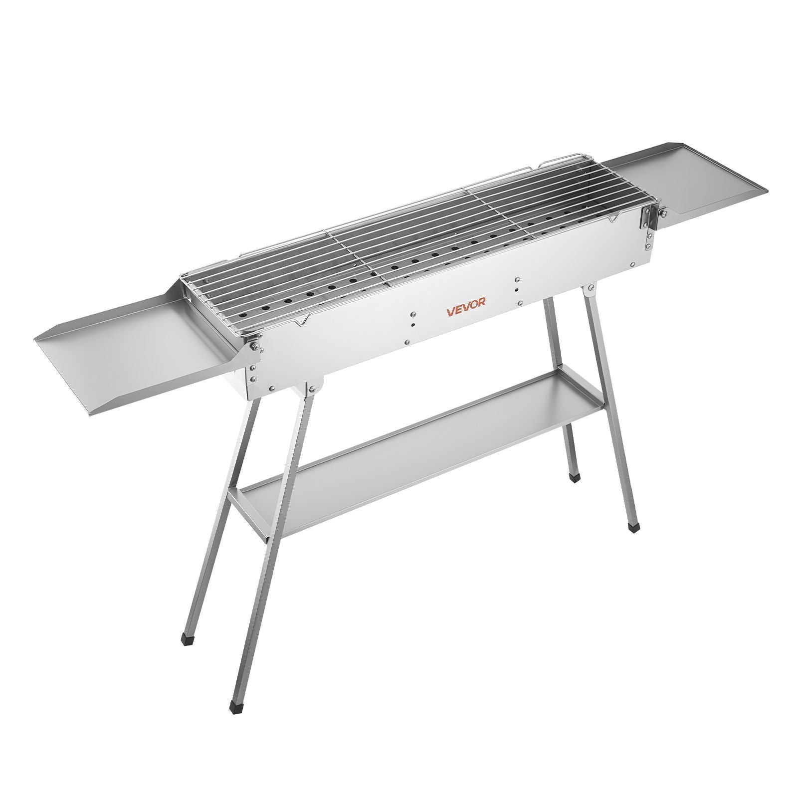 Foldable Charcoal Grill, 0.16 m² Portable Charcoal Barbecue Grill with Liftable Charcoal Tray & Side Tables, Brushed Stainless Steel BBQ Cooking Grills for Outdoor Camping Backyard Parties