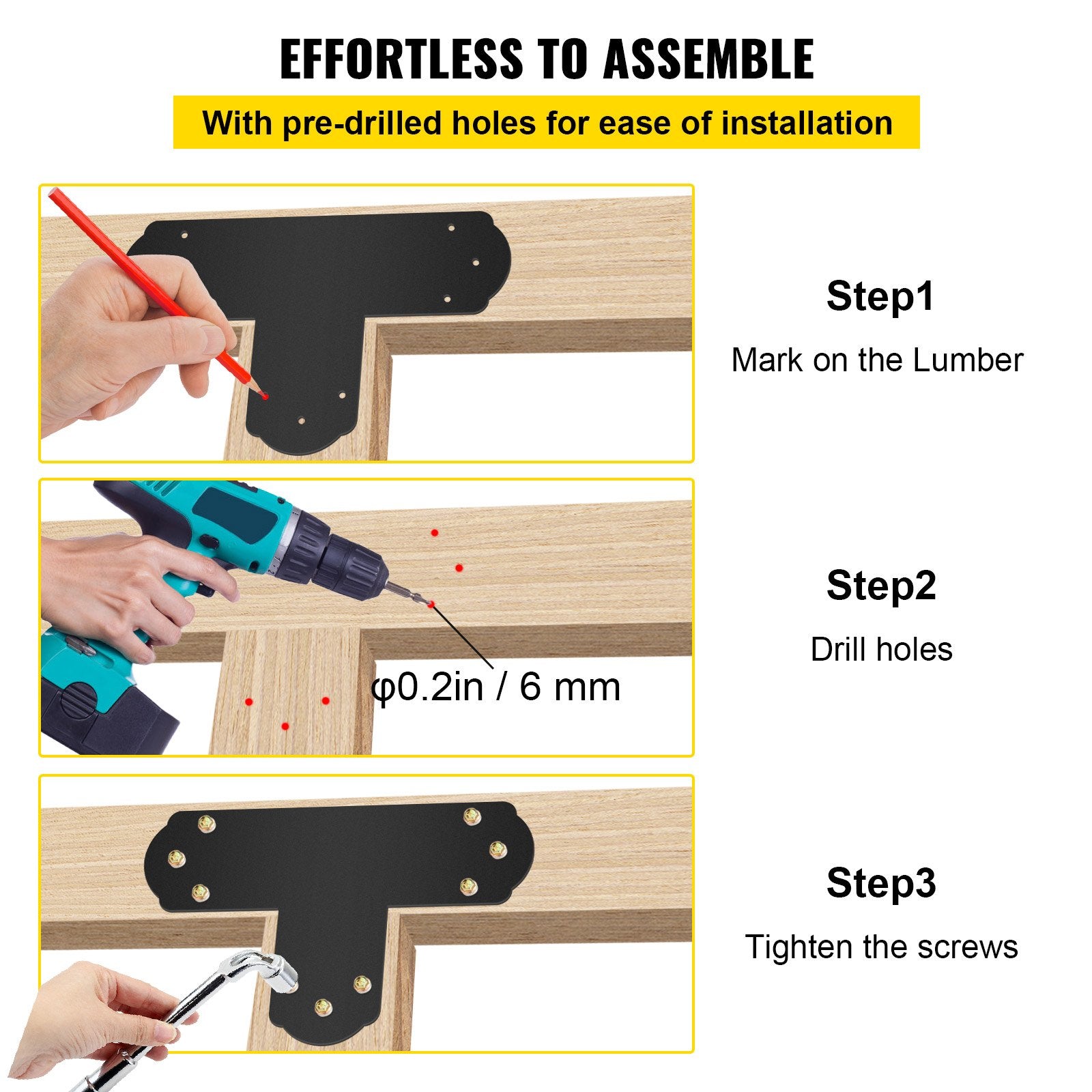 Black T Mending Plate T-shape 8 PCs 6" Flat Connector Post to Beam Bracket