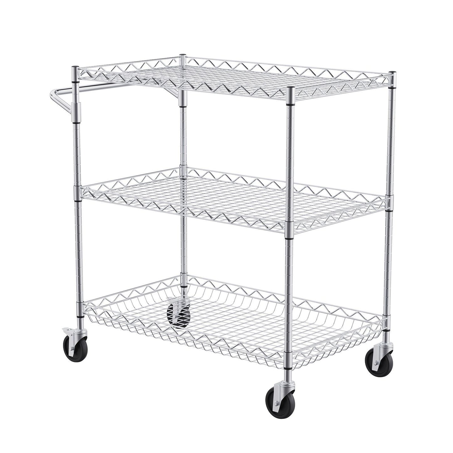 Kitchen Utility Cart, 3 Tiers, Wire Rolling Cart with 300kg Capacity, Steel Service Cart on Wheels, Metal Storage Trolley with 80mm Deep Basket Curved Handle 6 Hooks, for Indoor and Outdoor Use