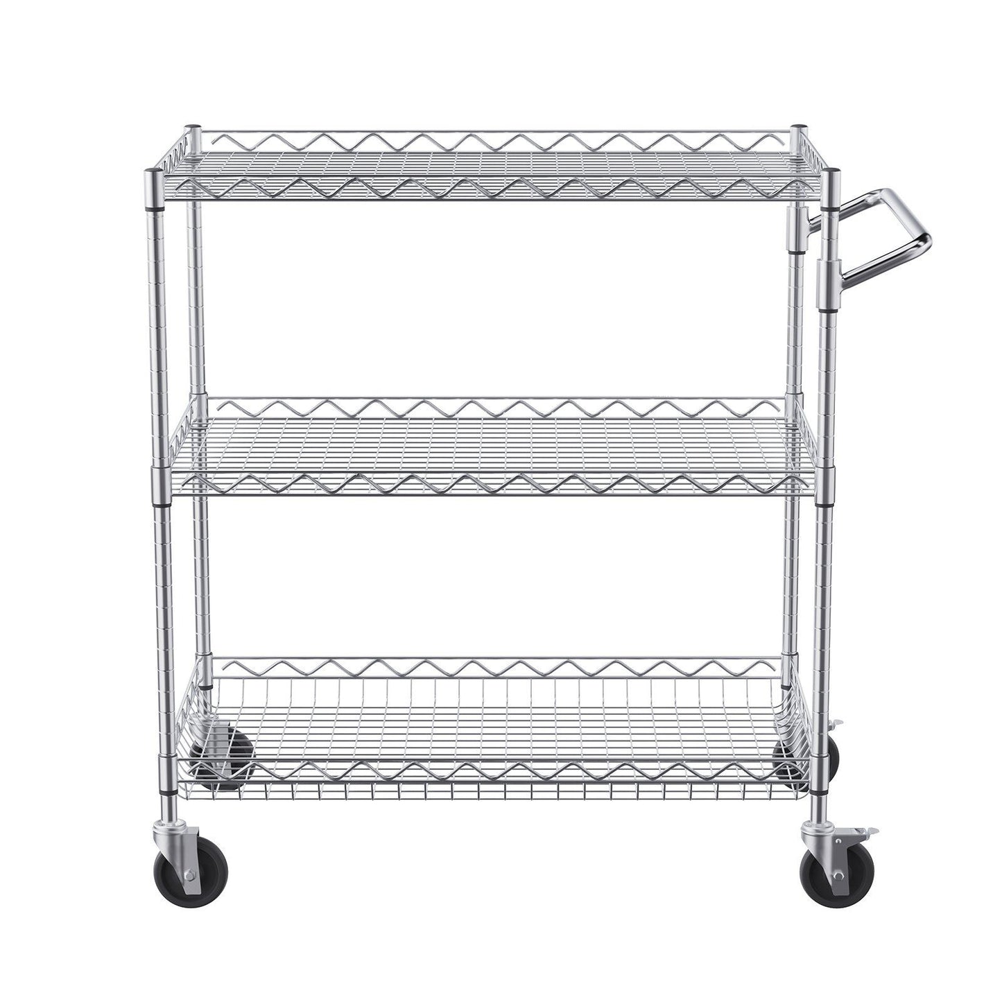 Kitchen Utility Cart, 3 Tiers, Wire Rolling Cart with 300kg Capacity, Steel Service Cart on Wheels, Metal Storage Trolley with 80mm Deep Basket Curved Handle 6 Hooks, for Indoor and Outdoor Use