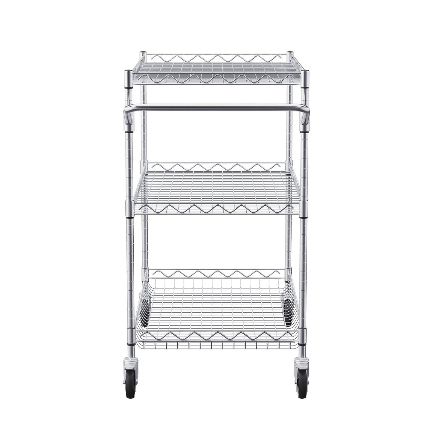 Kitchen Utility Cart, 3 Tiers, Wire Rolling Cart with 300kg Capacity, Steel Service Cart on Wheels, Metal Storage Trolley with 80mm Deep Basket Curved Handle 6 Hooks, for Indoor and Outdoor Use