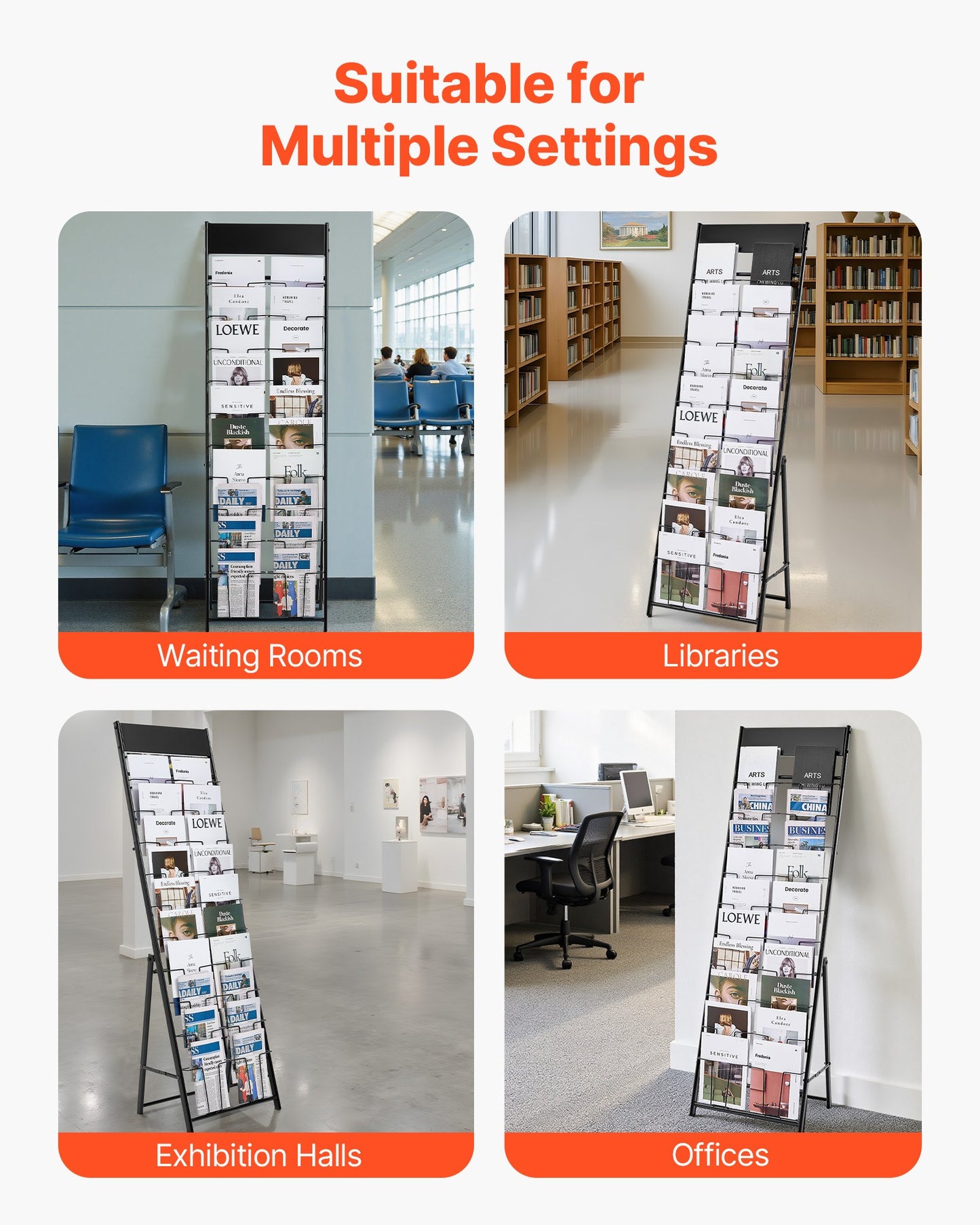 Brochure Display Rack, 20 Pockets Magazine Literature Display Stand, Portable Floor Standing Magazine Rack, Metal Newspaper Catalog Holders for Shop, Exhibitions, Office, Trade Show, Black