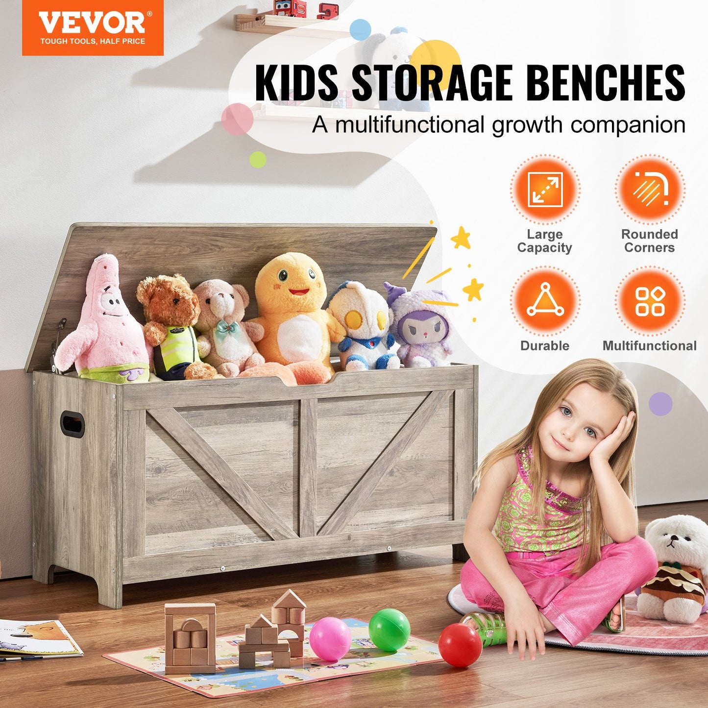 Kids Toy Storage Bench Wooden Toy Box Chest 38.98 x 15.55 x 18.9 in Gray