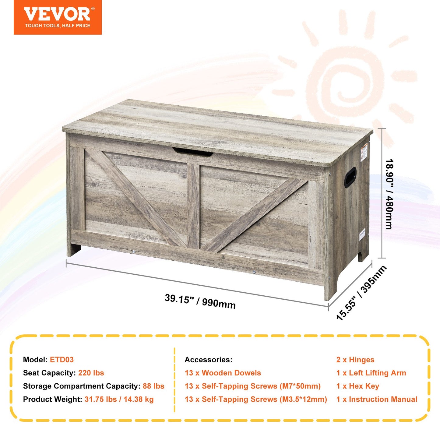 Kids Toy Storage Bench Wooden Toy Box Chest 38.98 x 15.55 x 18.9 in Gray