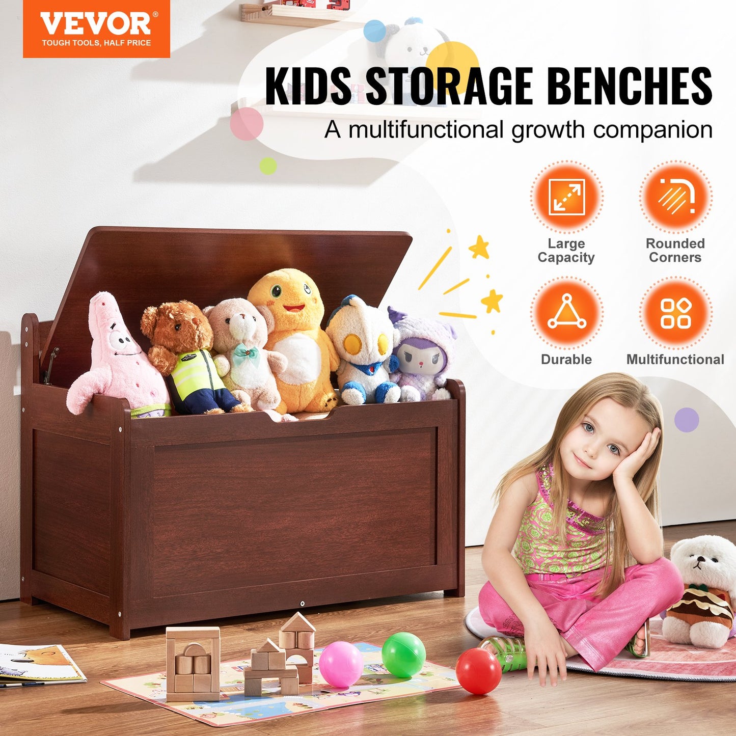 Kids Toy Storage Bench Wooden Toy Box Chest 32.68 x 17.91 x 24.02" Cherry
