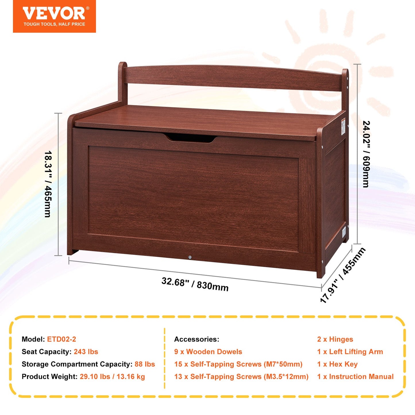 Kids Toy Storage Bench Wooden Toy Box Chest 32.68 x 17.91 x 24.02" Cherry