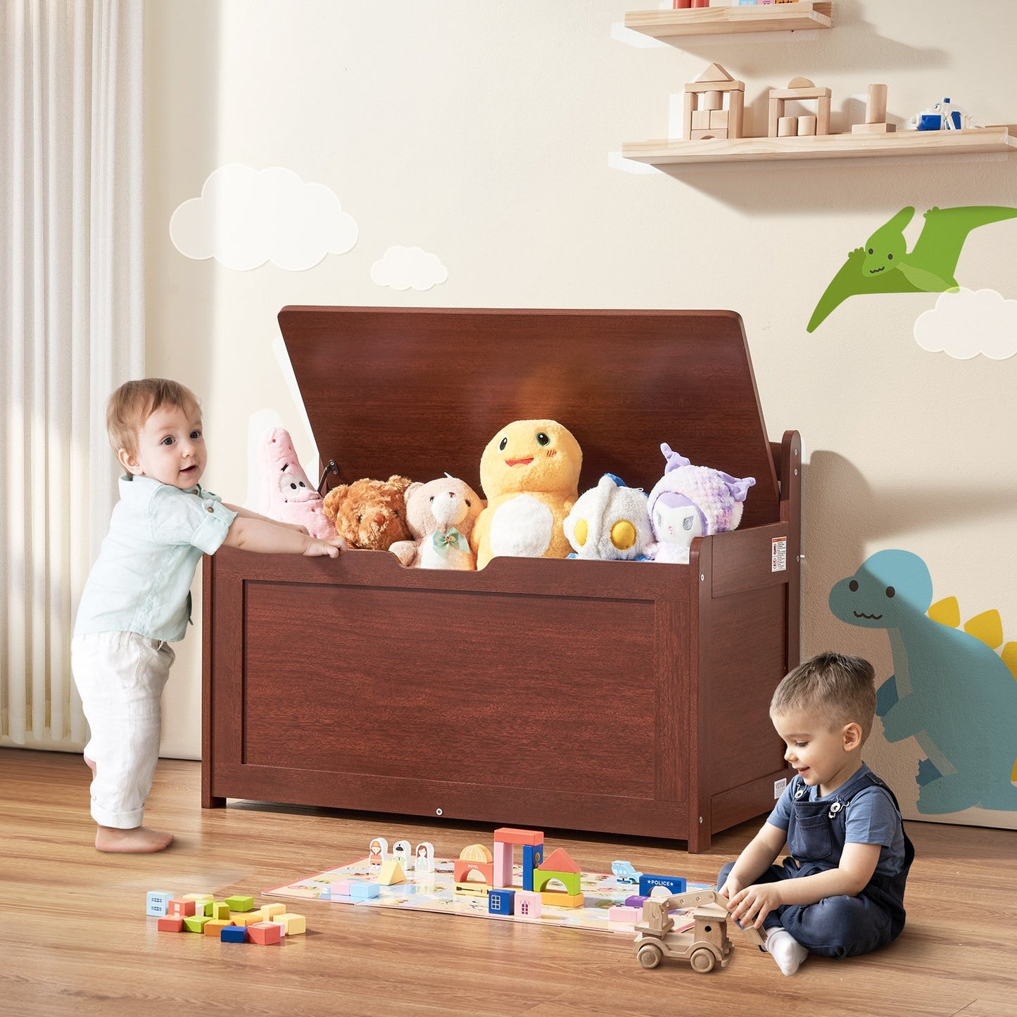 Kids Toy Storage Bench Wooden Toy Box Chest 32.68 x 17.91 x 24.02" Cherry