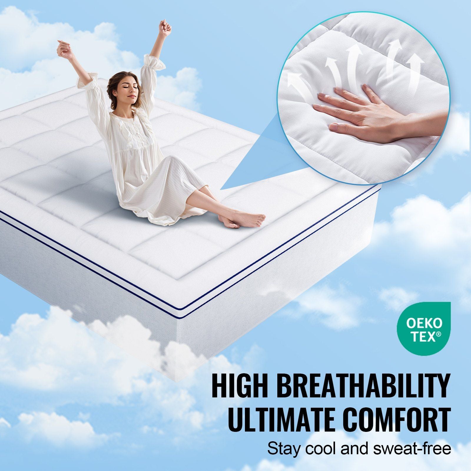 Mattress Topper, Queen Size, 25.4 mm Thickness, Fiber Fill Pad with Detachable & Washable, Comfortable, Supportive, Cooling, Breathable, with Detachable Bedside Pocket for Holding Small Items