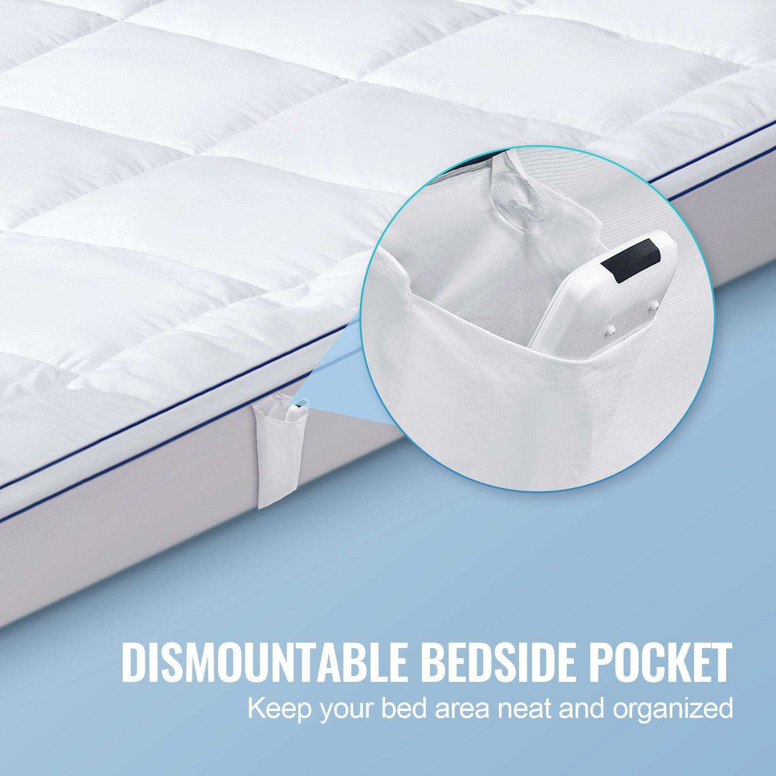 Mattress Topper, Queen Size, 25.4 mm Thickness, Fiber Fill Pad with Detachable & Washable, Comfortable, Supportive, Cooling, Breathable, with Detachable Bedside Pocket for Holding Small Items