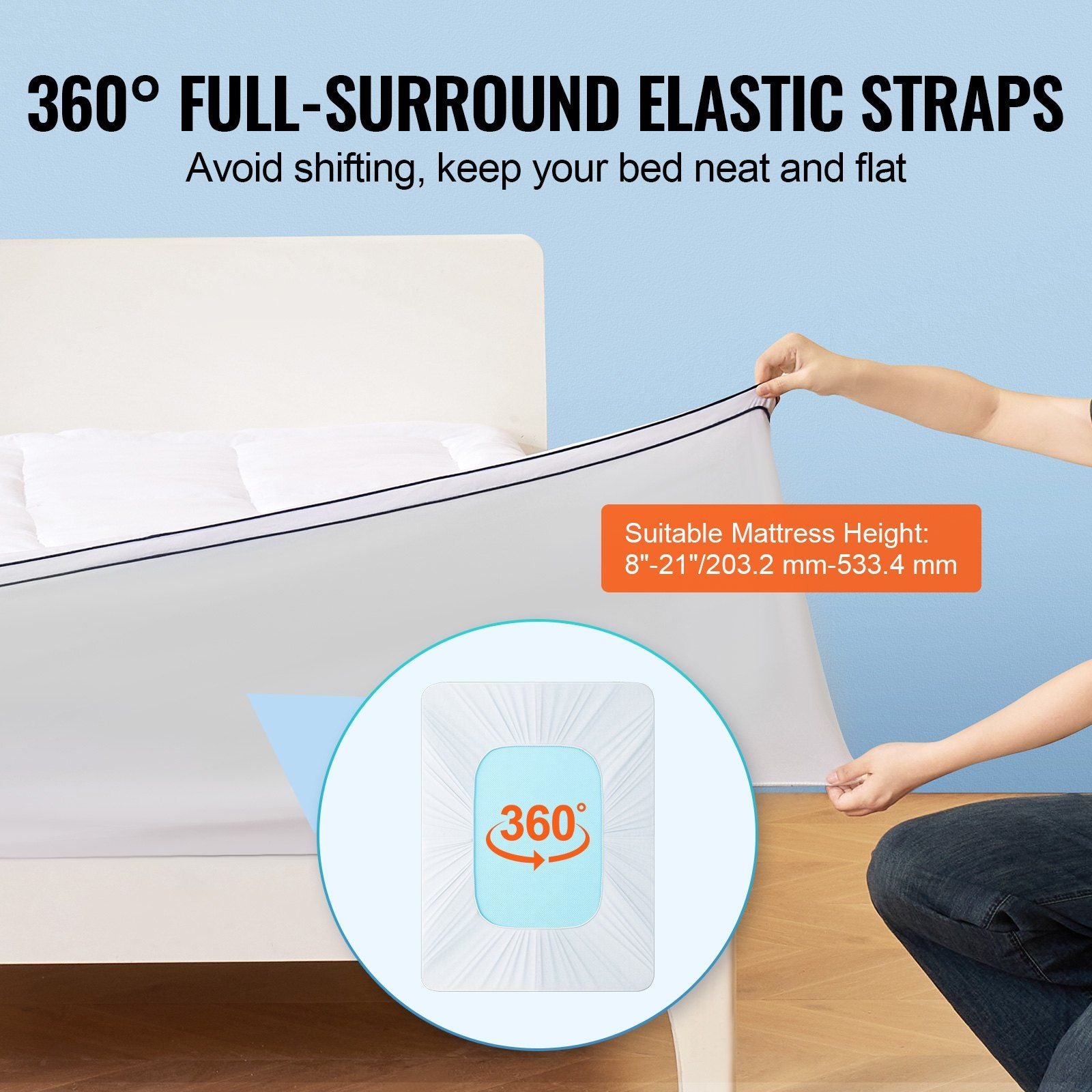 Mattress Topper, Queen Size, 25.4 mm Thickness, Fiber Fill Pad with Detachable & Washable, Comfortable, Supportive, Cooling, Breathable, with Detachable Bedside Pocket for Holding Small Items