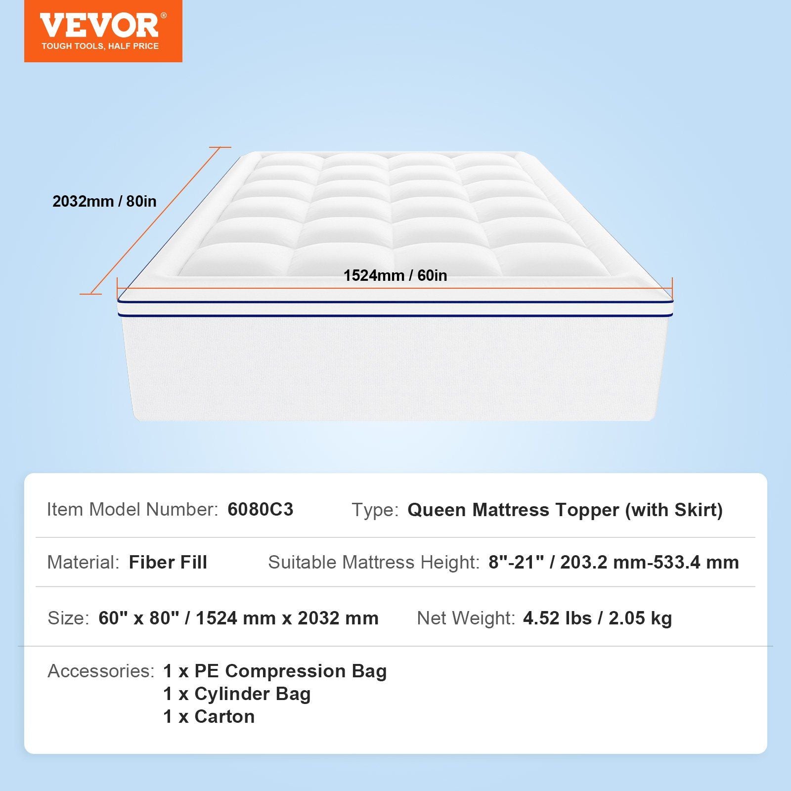 Mattress Topper, Queen Size, 25.4 mm Thickness, Fiber Fill Pad with Detachable & Washable, Comfortable, Supportive, Cooling, Breathable, with Detachable Bedside Pocket for Holding Small Items