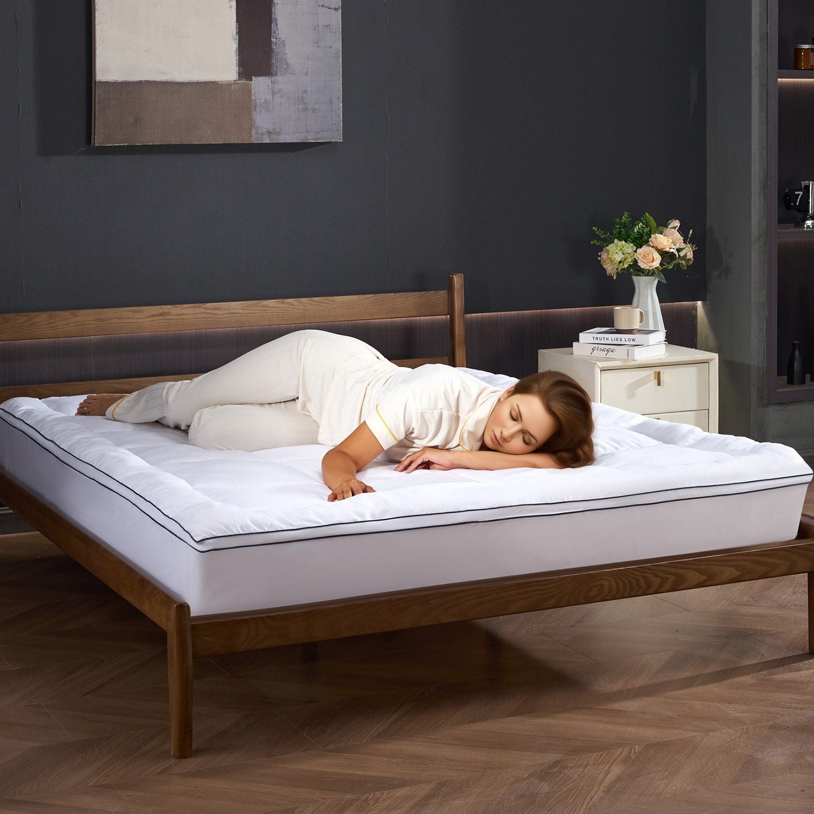 Mattress Topper, Queen Size, 25.4 mm Thickness, Fiber Fill Pad with Detachable & Washable, Comfortable, Supportive, Cooling, Breathable, with Detachable Bedside Pocket for Holding Small Items
