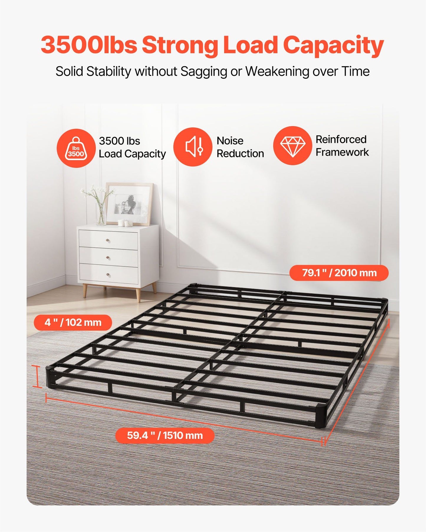 Box Spring, Queen Size Bed Frame with Washable Fabric Cloth, Heavy Duty Metal Frame for Queen Bed, 102 mm Mattress Foundation, 1587.57 kg Max Weight Capacity, Easy Assembly, 2010 x 1510 x 102 mm