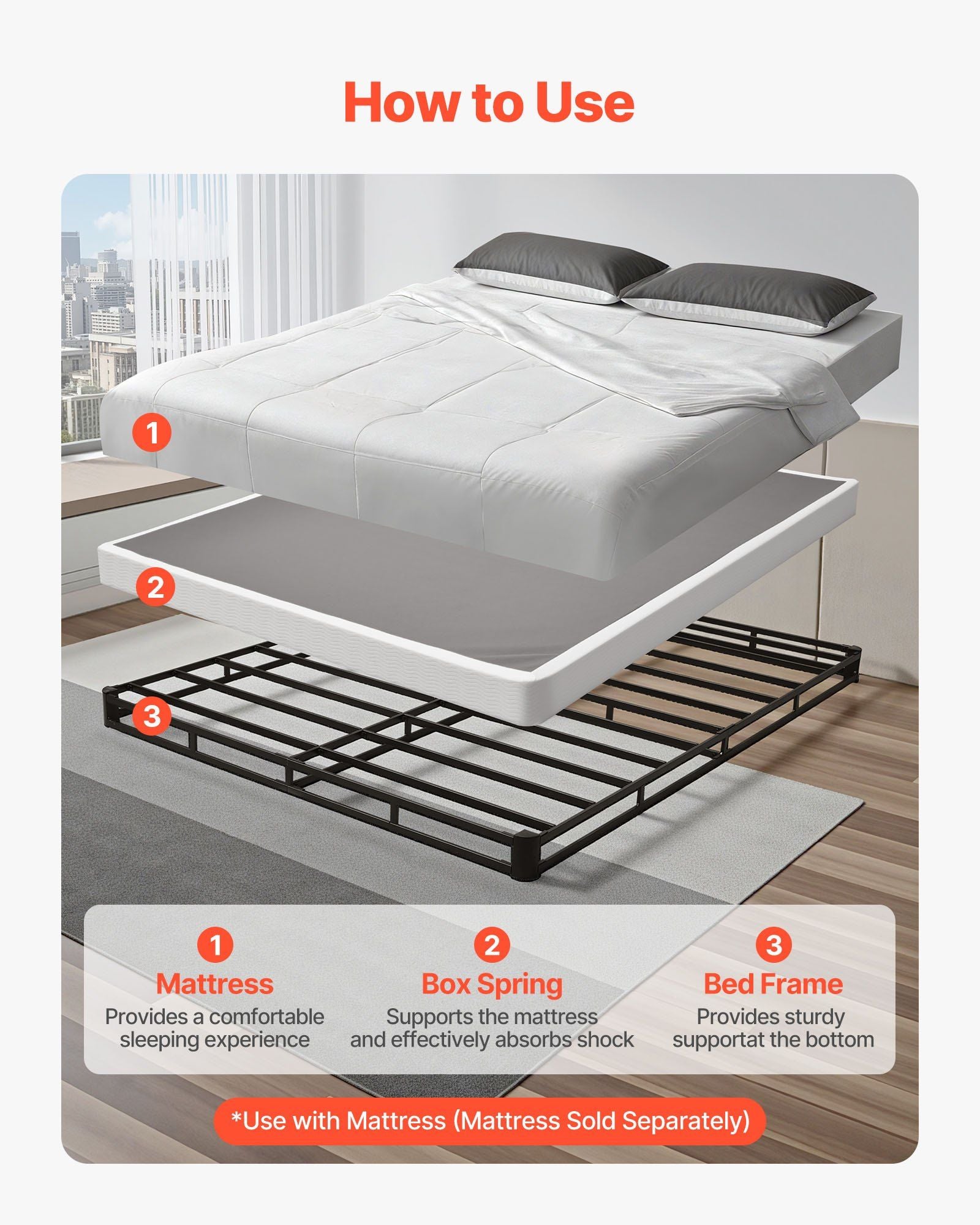 Box Spring, Queen Size Bed Frame with Washable Fabric Cloth, Heavy Duty Metal Frame for Queen Bed, 102 mm Mattress Foundation, 1587.57 kg Max Weight Capacity, Easy Assembly, 2010 x 1510 x 102 mm