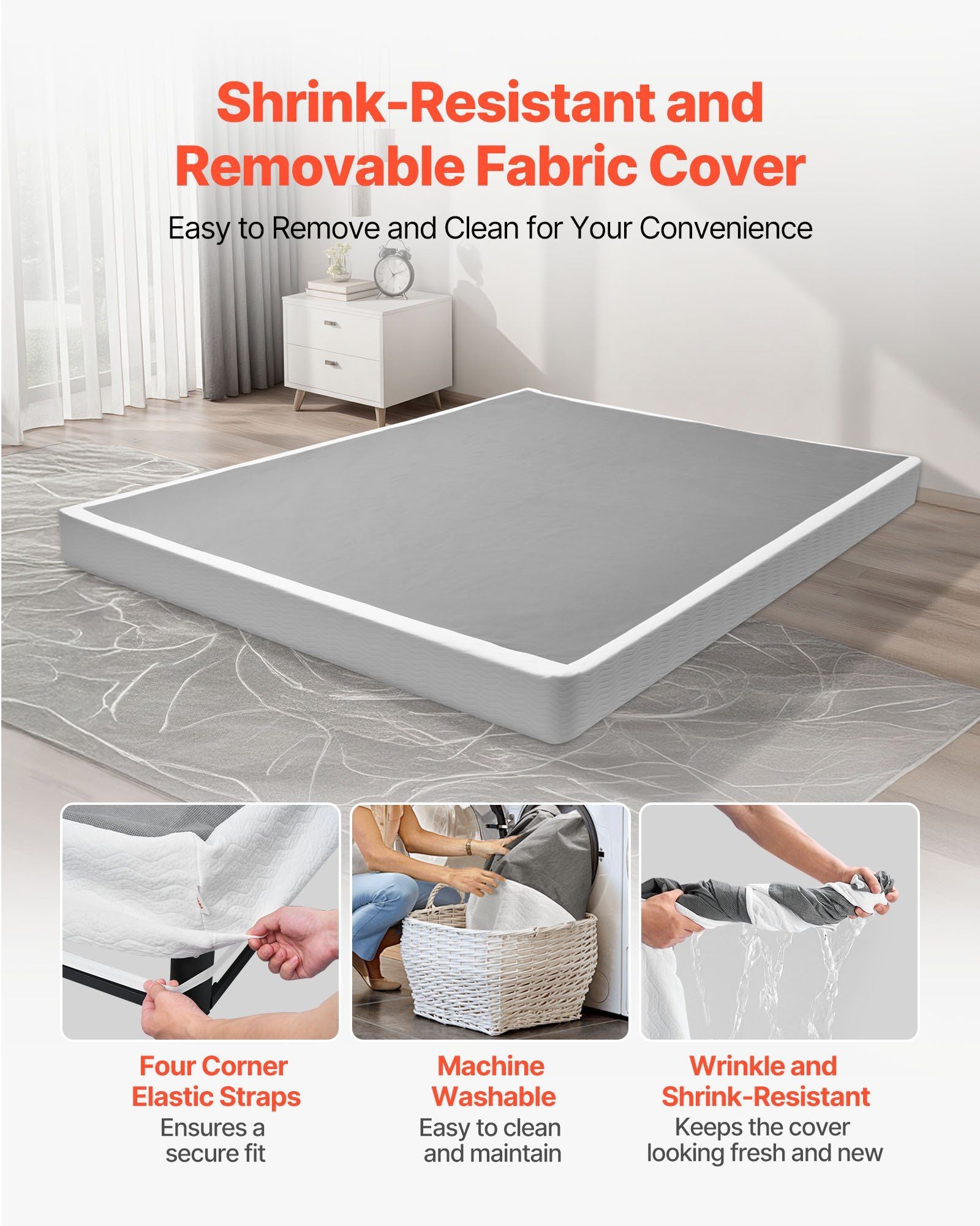 Box Spring, Queen Size Bed Frame with Washable Fabric Cloth, Heavy Duty Metal Frame for Queen Bed, 102 mm Mattress Foundation, 1587.57 kg Max Weight Capacity, Easy Assembly, 2010 x 1510 x 102 mm