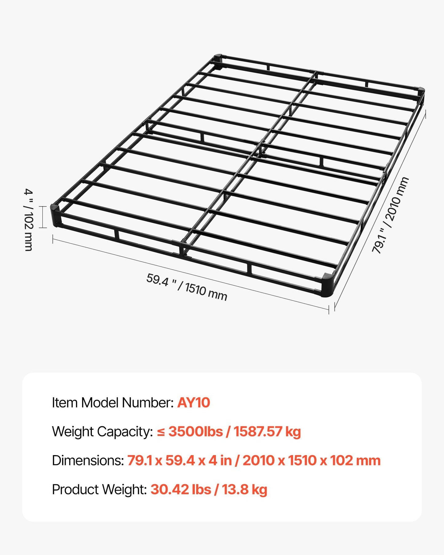 Box Spring, Queen Size Bed Frame with Washable Fabric Cloth, Heavy Duty Metal Frame for Queen Bed, 102 mm Mattress Foundation, 1587.57 kg Max Weight Capacity, Easy Assembly, 2010 x 1510 x 102 mm